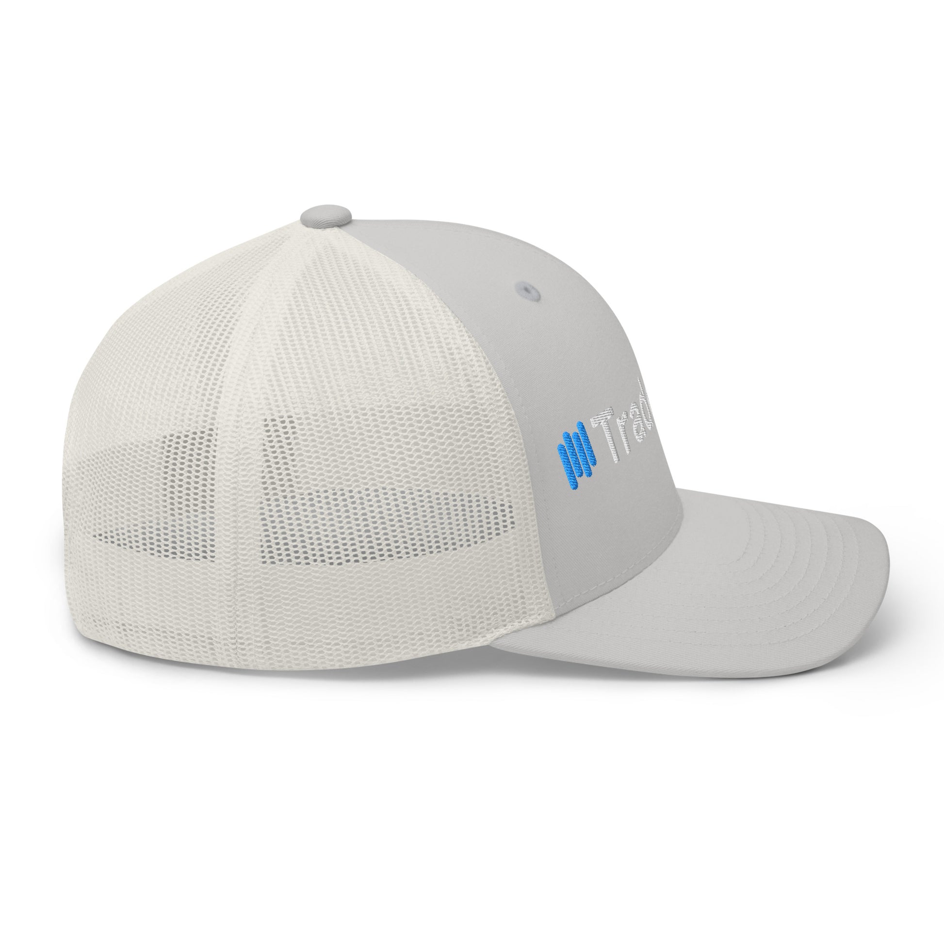 3/4 front-right view of gray TradeCaster trucker cap, full 3D puff embroidery with blue bars popping