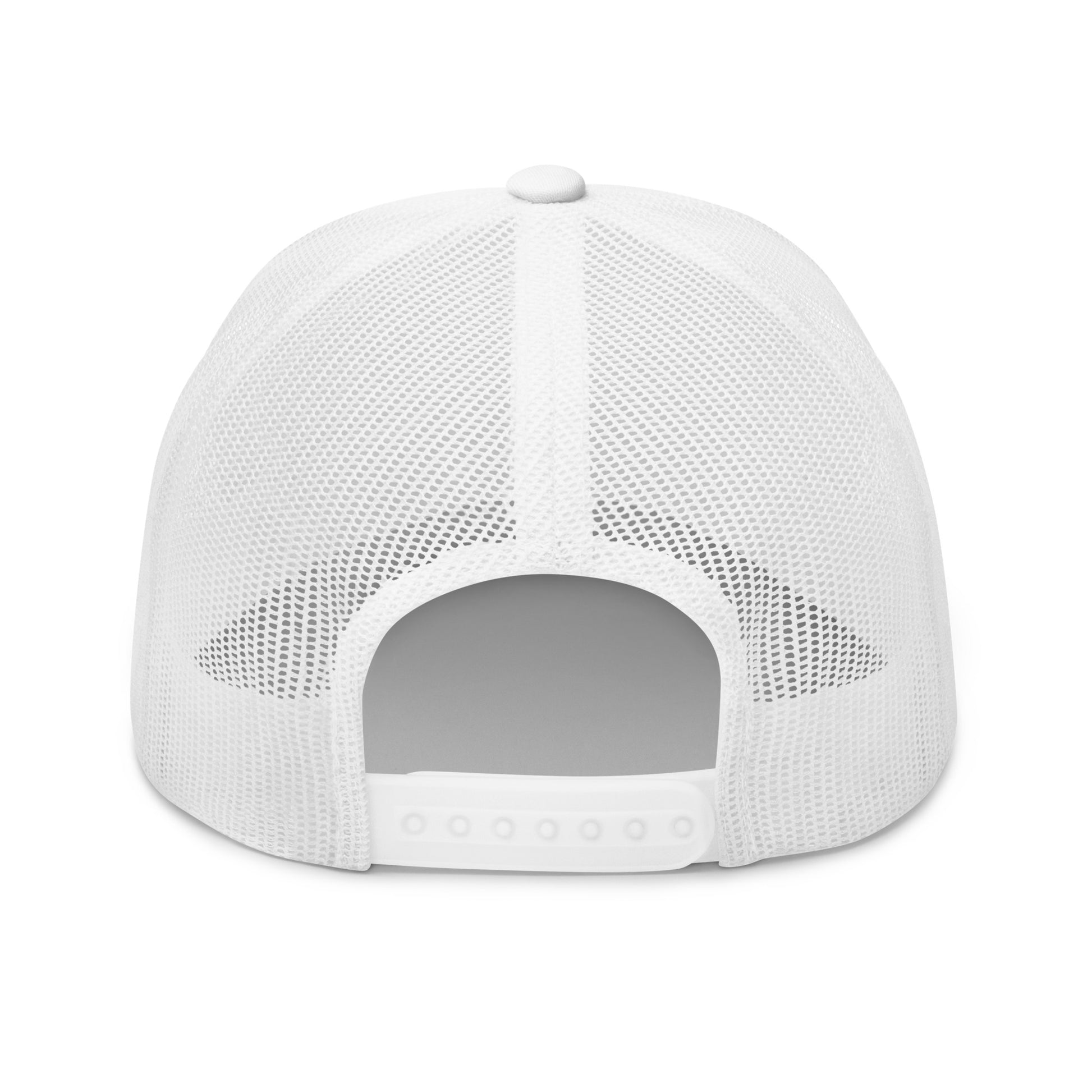Back view of white mesh TradeCaster trucker cap, adjustable plastic snap closure