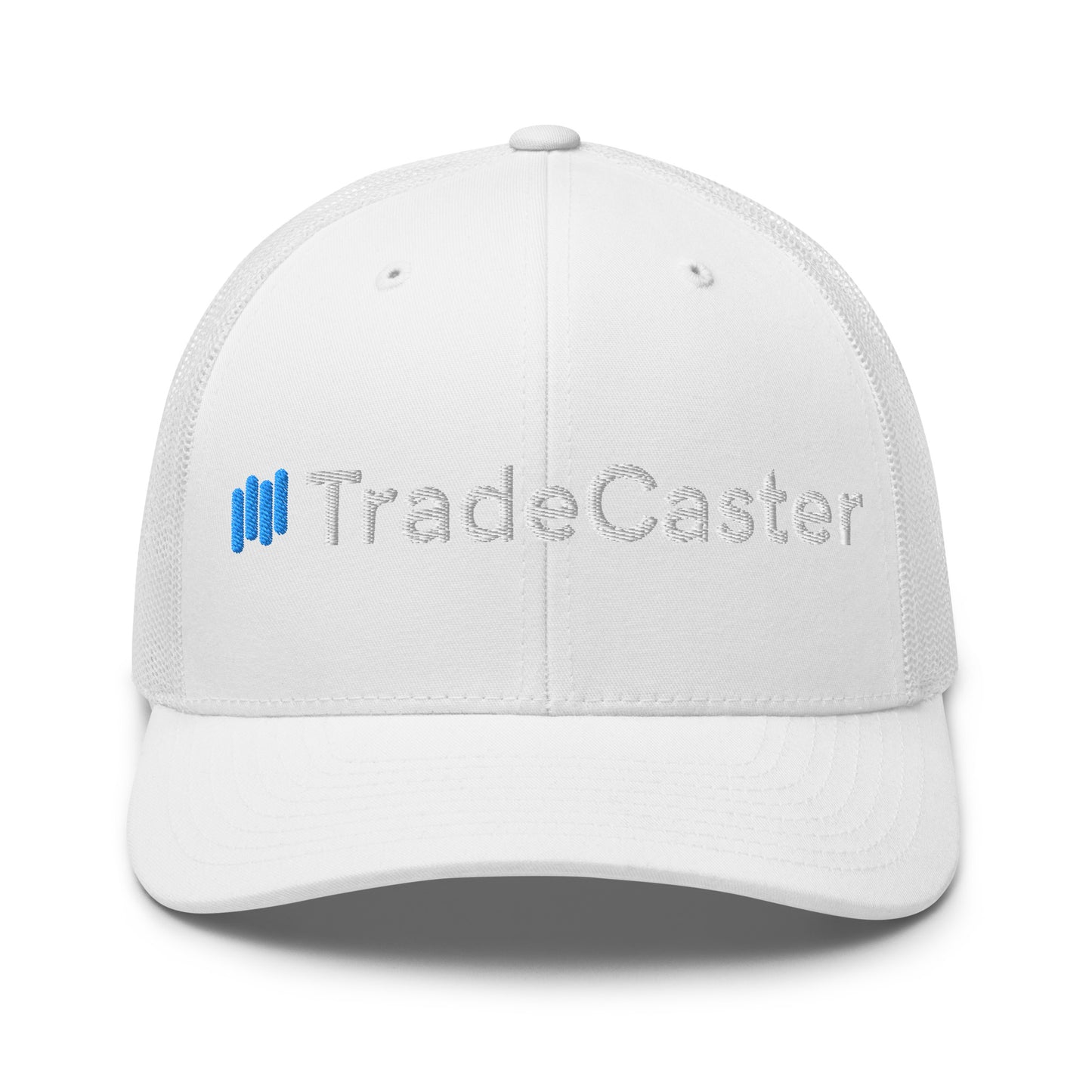 Front view of white trucker cap with 3D puff "||TradeCaster" embroidery in light gray and blue accents