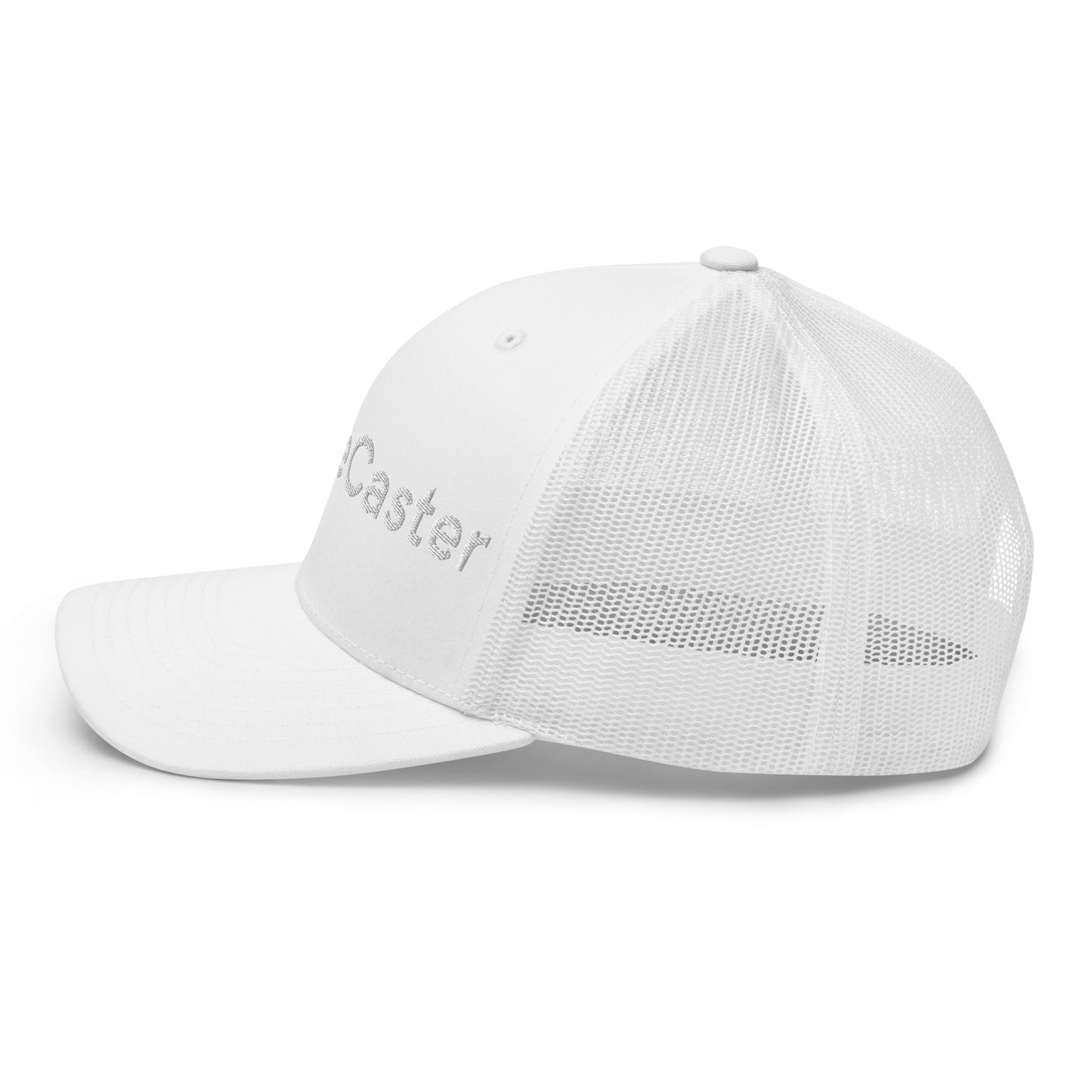Right side view of white TradeCaster trucker cap showing silver "Caster" embroidery, curved visor