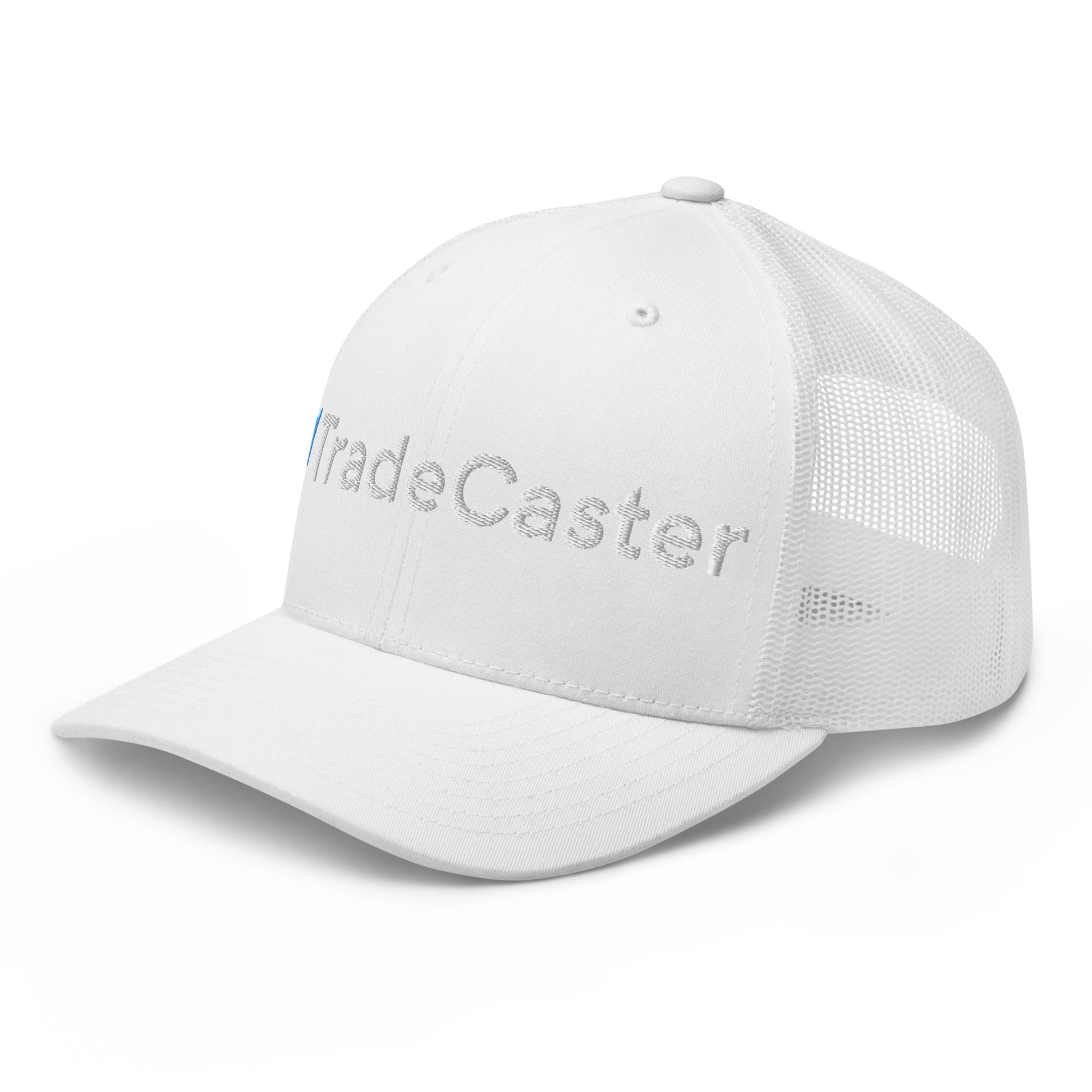 Left side view of white TradeCaster trucker cap with partial silver "TradeC" embroidery, mesh back