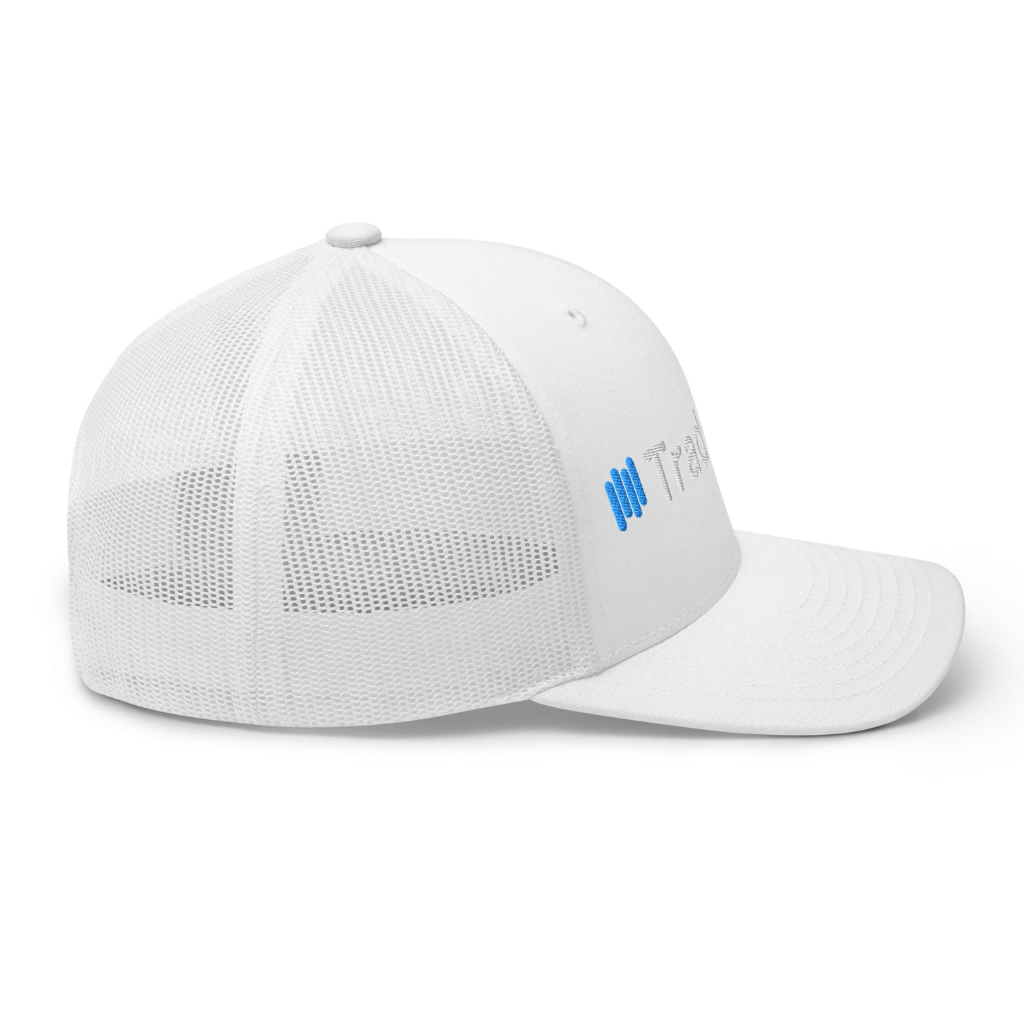 Left side profile of white mesh trucker cap with structured front panels