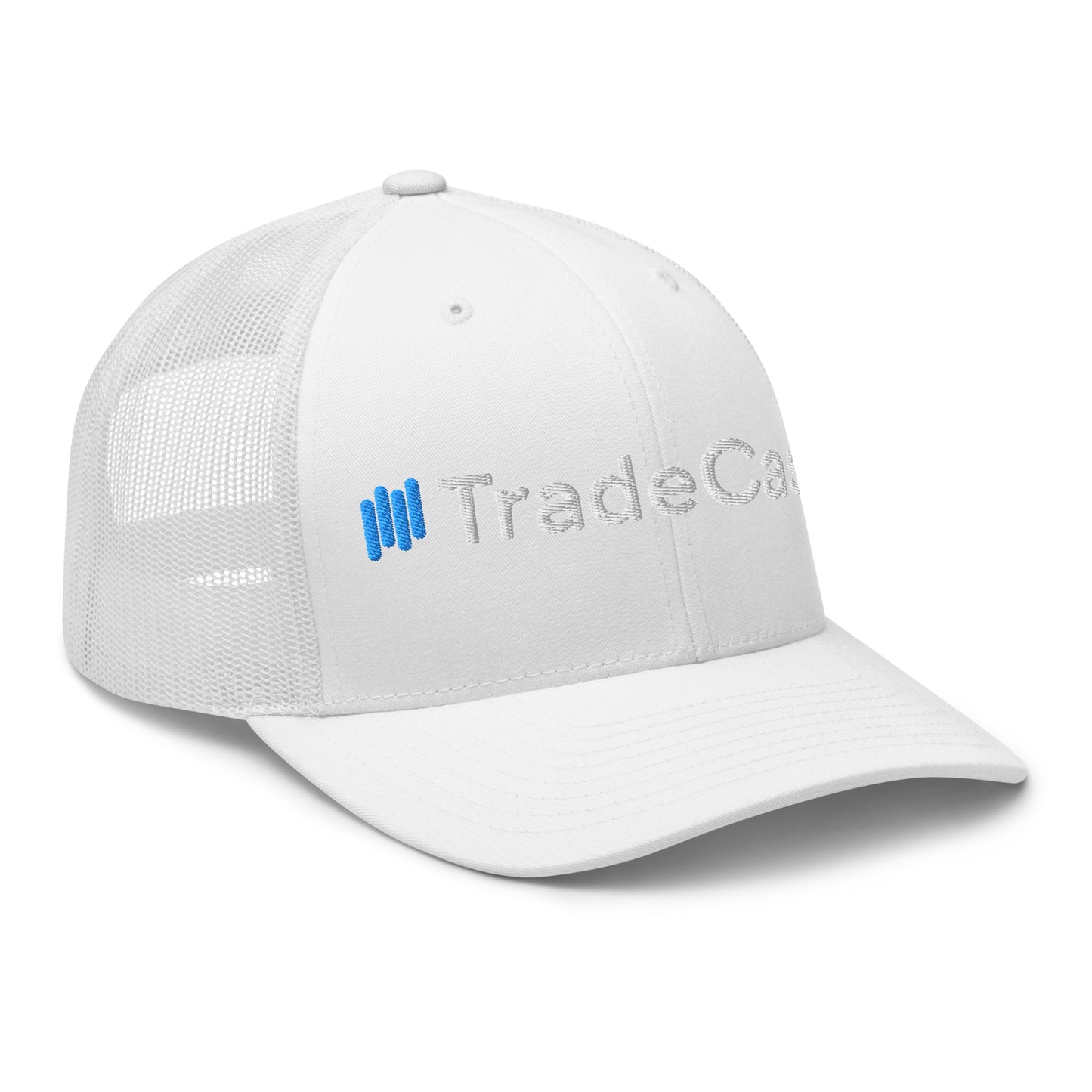 Back view of black mesh TradeCaster trucker cap with black adjustable snap closure