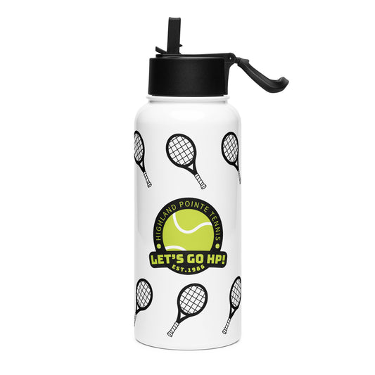 Angled front view of white 32oz water bottle with black lid/straw/handle, "Highland Pointe Tennis" circular logo over yellow ball, "LET'S GO HP! EST.202?" text, black racket outlines