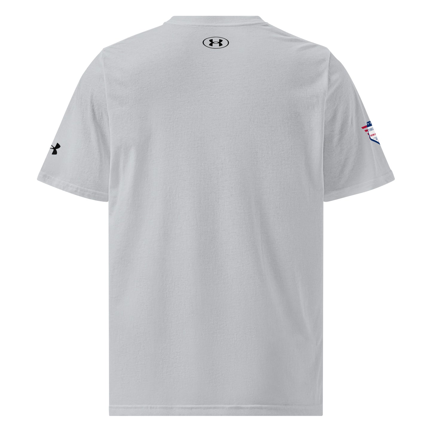 Back view of plain grey Under Armour t-shirt with small "UA" logo at neck and flag patch on sleeve