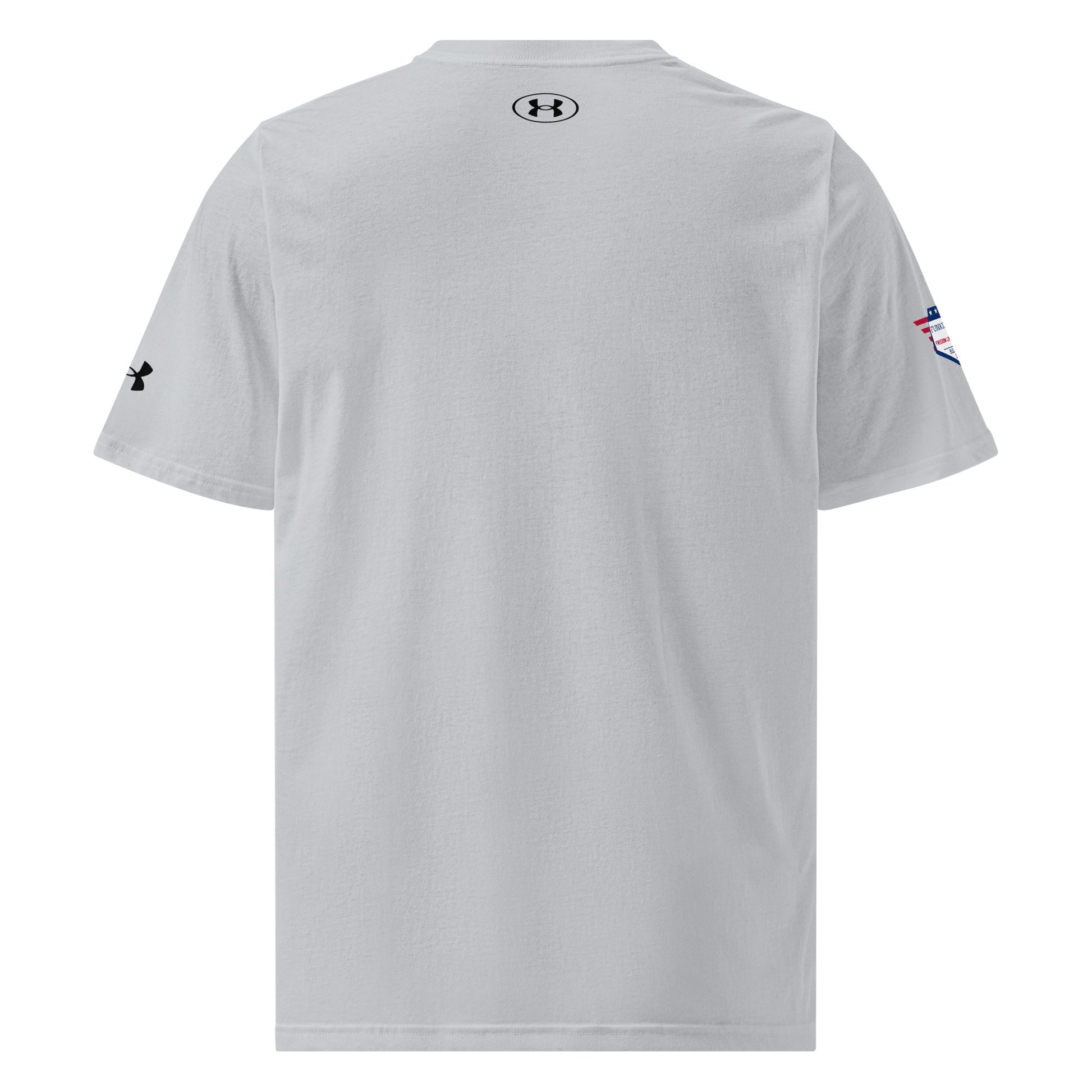 Back view of plain grey Under Armour t-shirt with small "UA" logo at neck and flag patch on sleeve