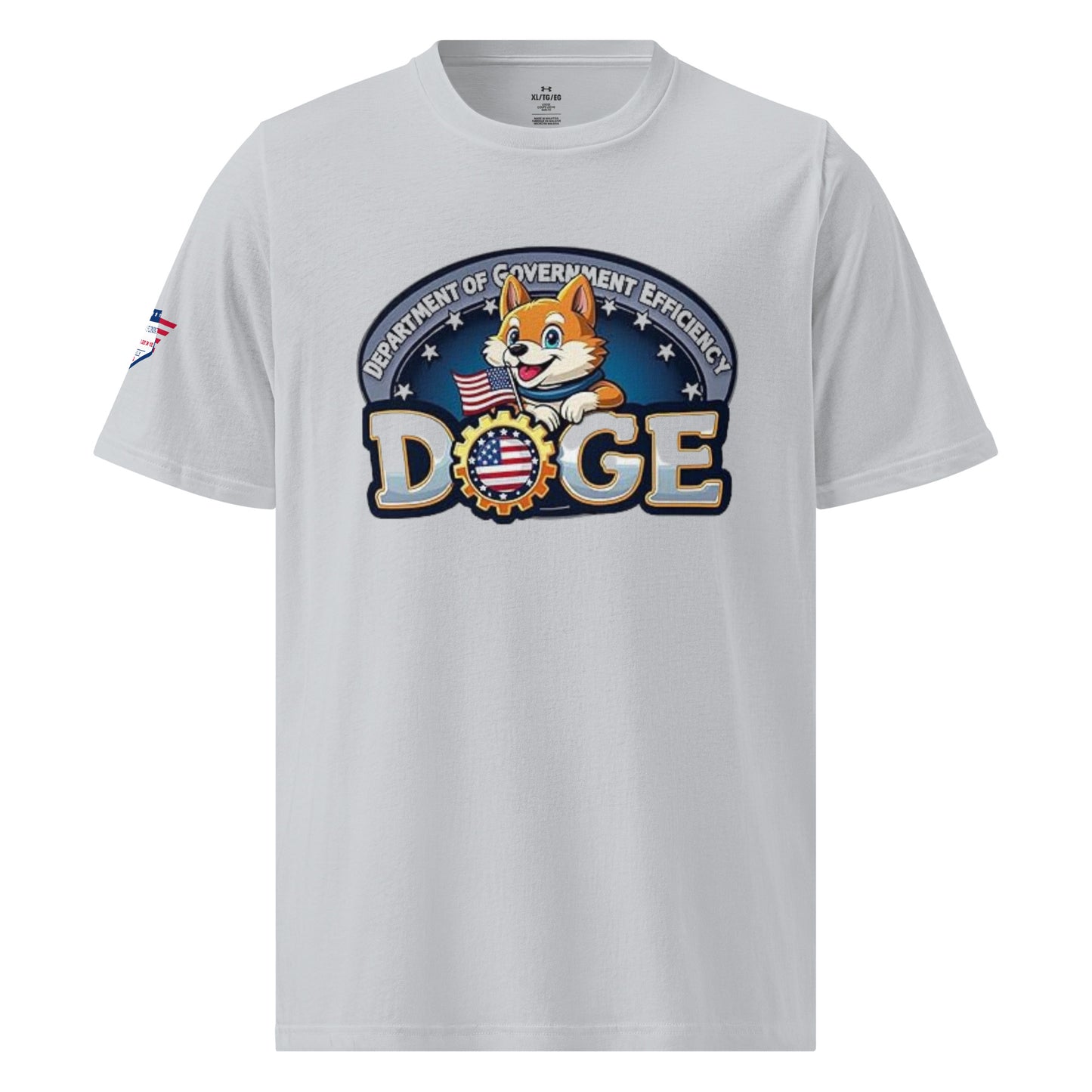 Front view of grey DOGE Under Armour t-shirt with "Department of Government Efficiency" arch, Shiba Inu dog, flags, and bold "DOGE" print