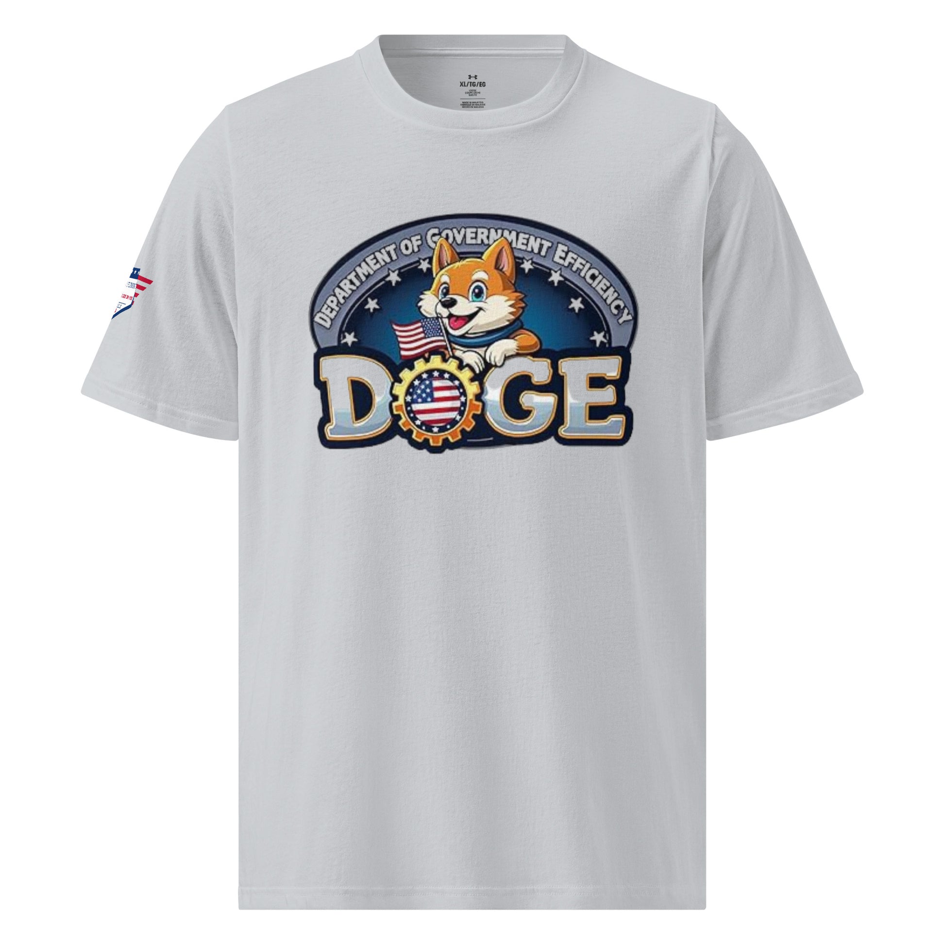 Front view of grey DOGE Under Armour t-shirt with "Department of Government Efficiency" arch, Shiba Inu dog, flags, and bold "DOGE" print
