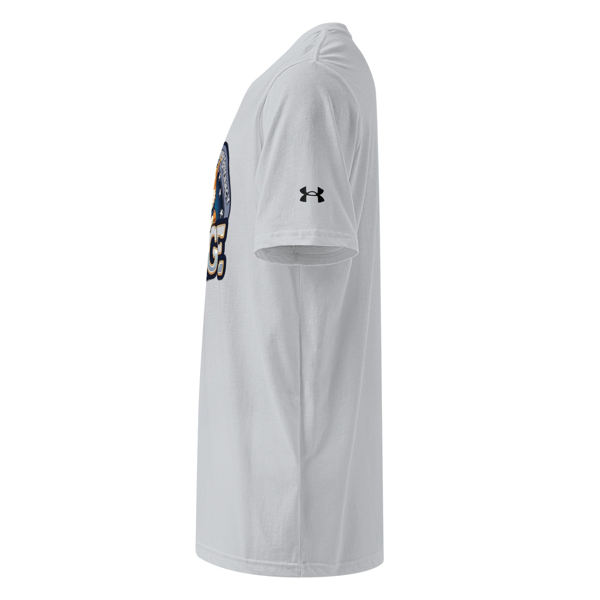 Right side view of grey DOGE t-shirt showing partial front print and Under Armour sleeve logo