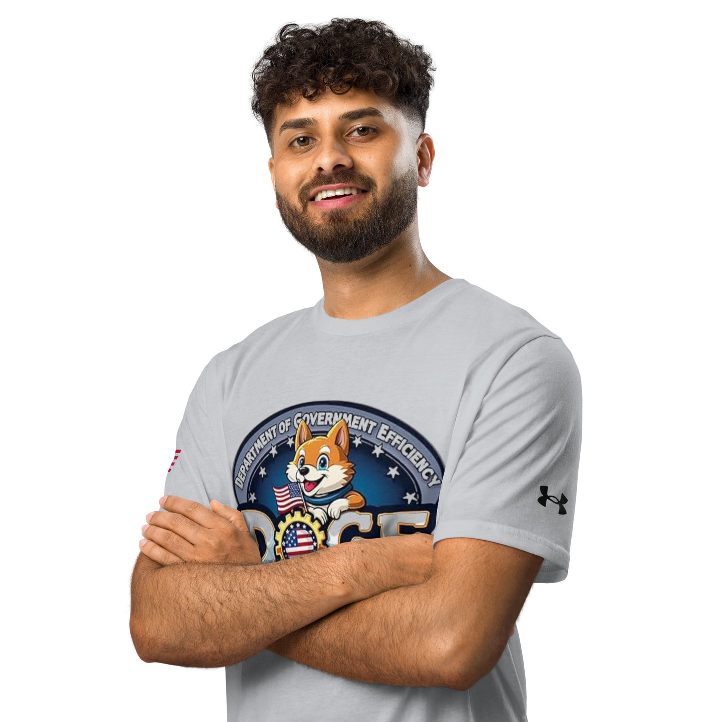 Front view of grey Under Armour athletic tee on smiling guy, DOGE "Department of Government Efficiency" Shiba Inu patch with stars & flags