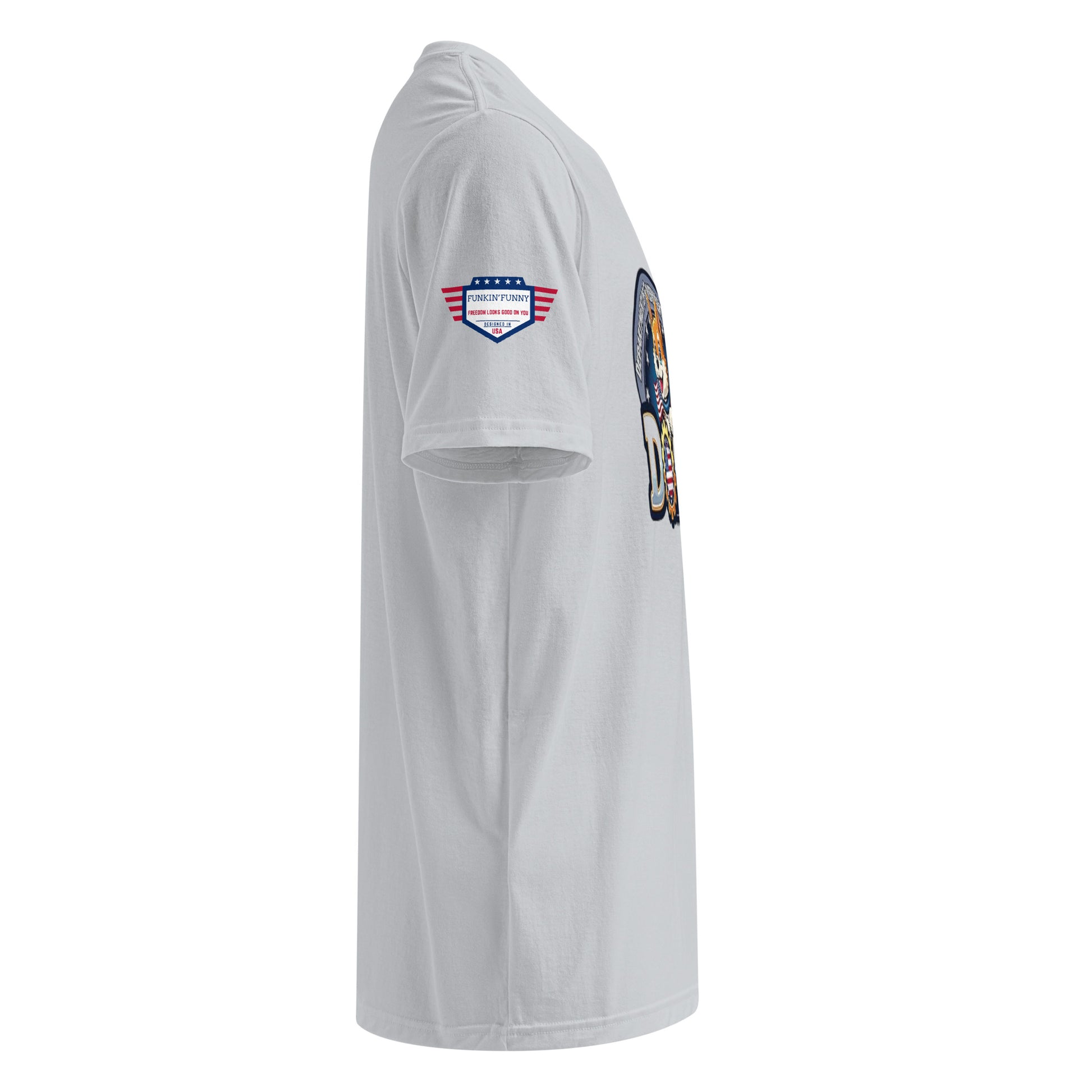 Left side view of grey DOGE t-shirt highlighting sleeve flag patch and edge of "DOGE" design