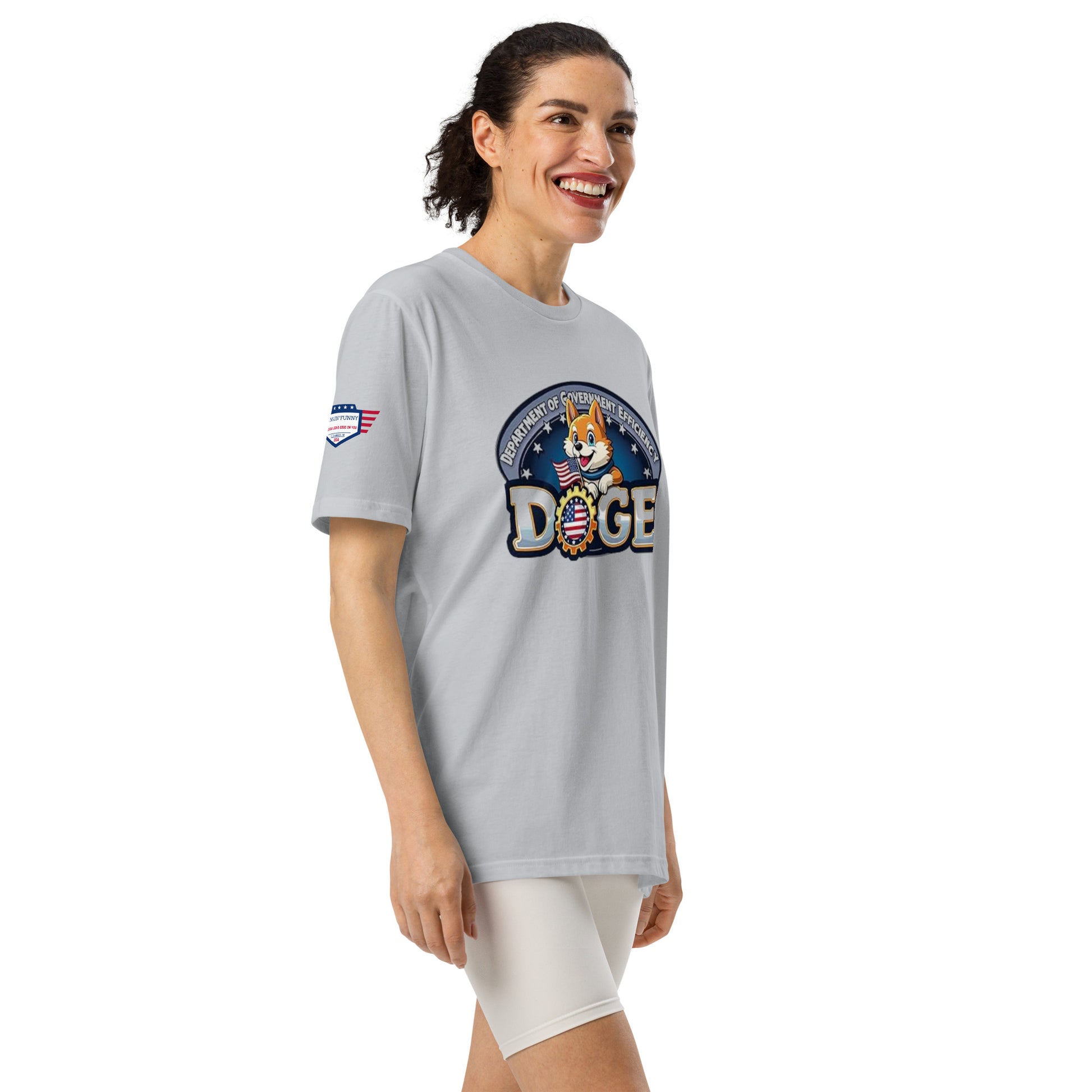 Side view of female model rocking grey DOGE Under Armour t-shirt with patriotic Shiba print and white shorts