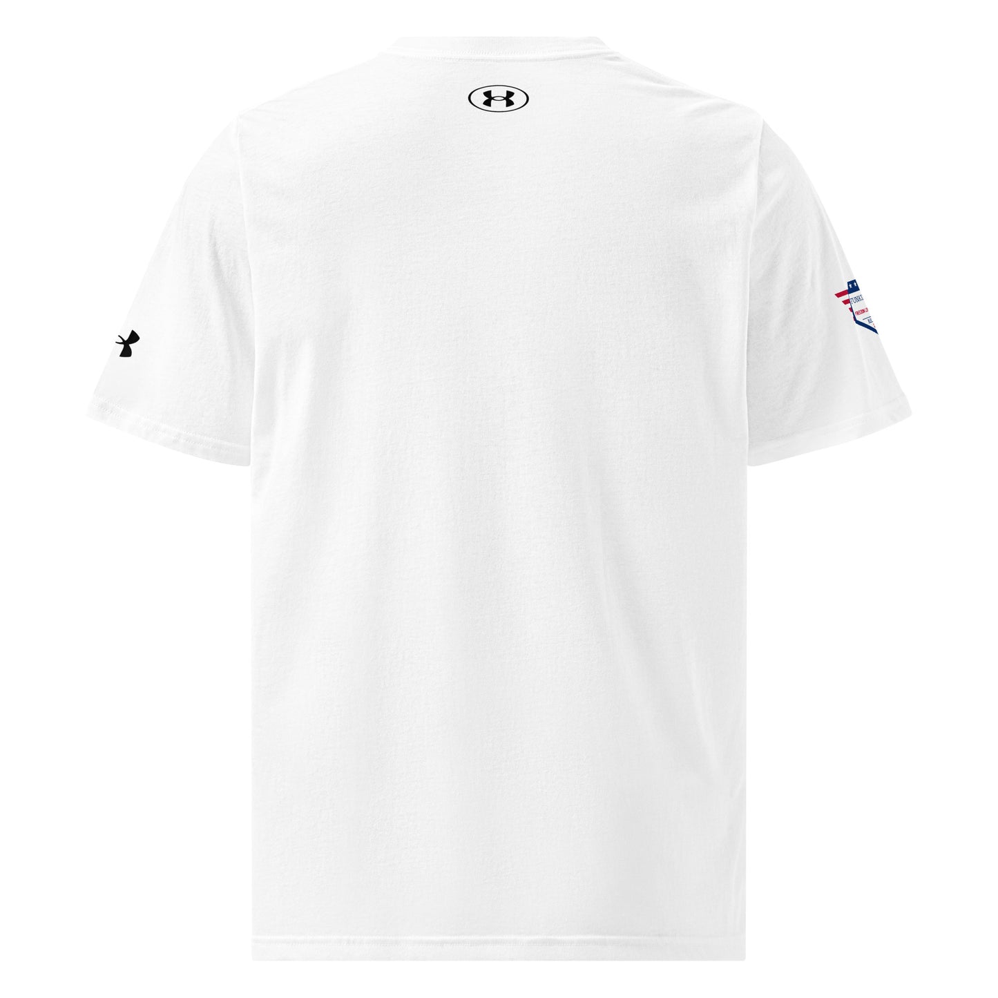 Back view of plain white Under Armour t-shirt with "UA" neck logo and sleeve flag patch