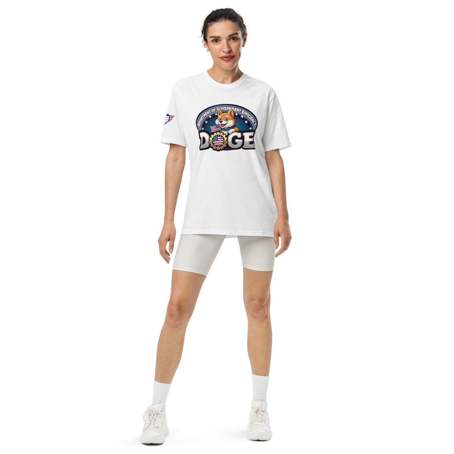 Woman modeling front of white DOGE athletic tee, patriotic Shiba Inu "Department of Government Efficiency" design