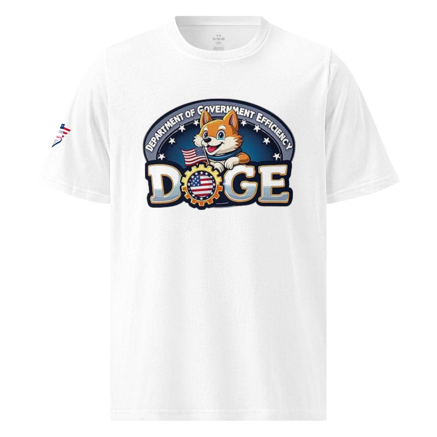 Front view of white DOGE Under Armour t-shirt featuring "Department of Government Efficiency" arch, Shiba dog, and "DOGE" emblem