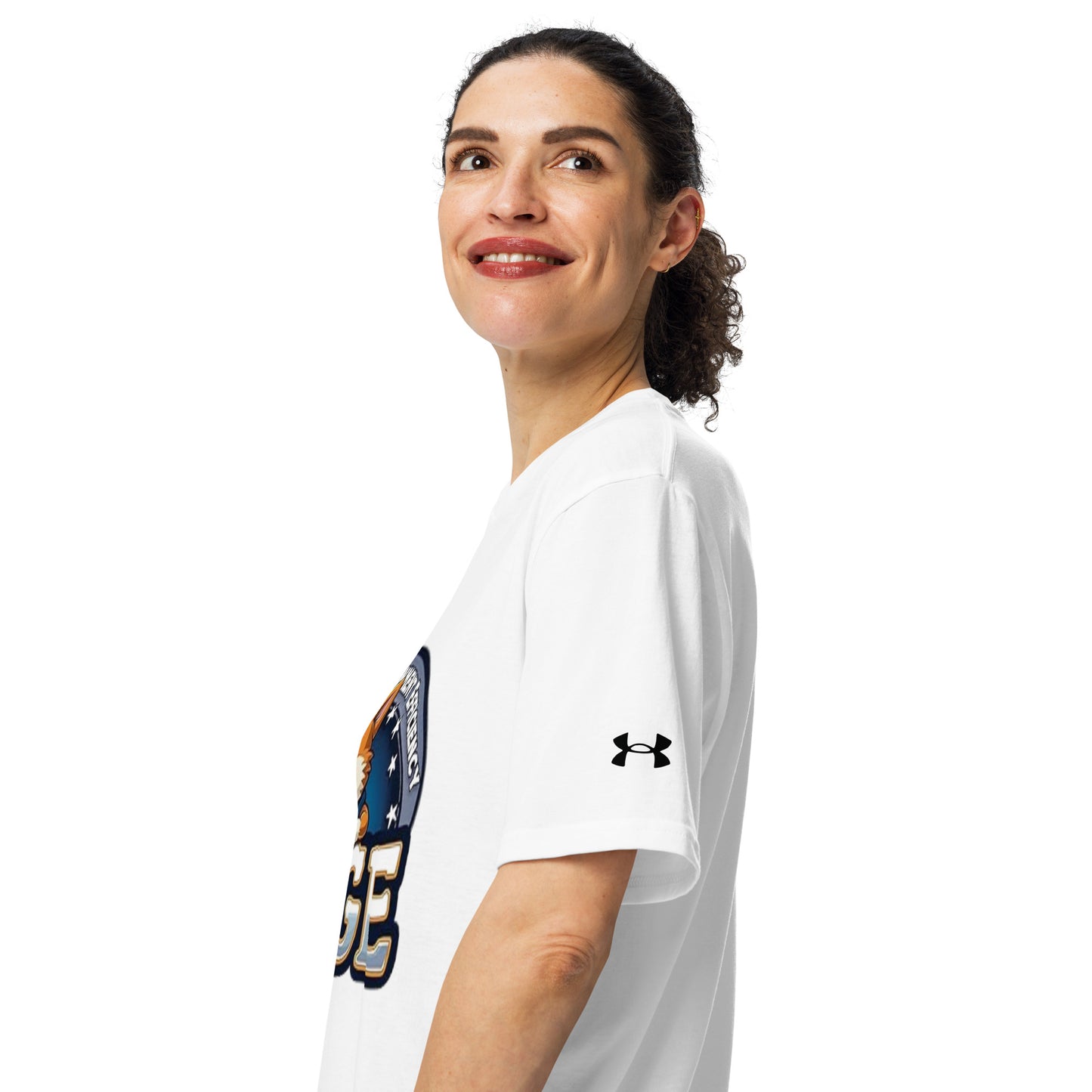 Left side view of white athletic tee on woman, partial orange Shiba Inu DOGE emblem & Under Armour sleeve logo