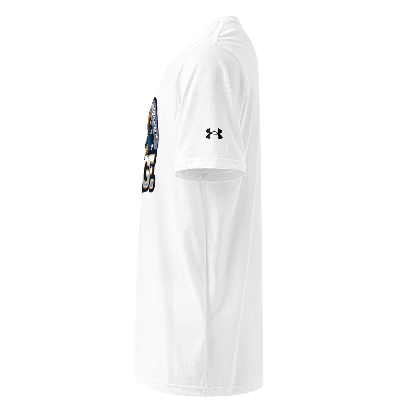 Right side view of white DOGE t-shirt with partial dog print and Under Armour sleeve mark