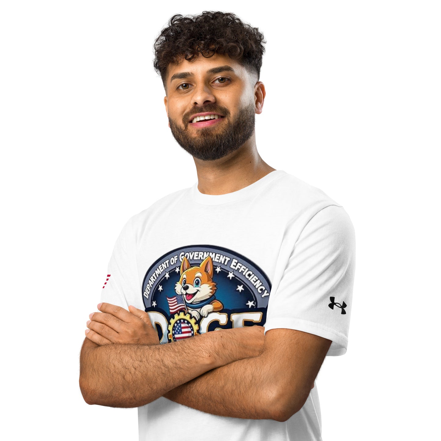 Confident male model front view in white DOGE Under Armour t-shirt, arms crossed, arms-crossed gains vibe