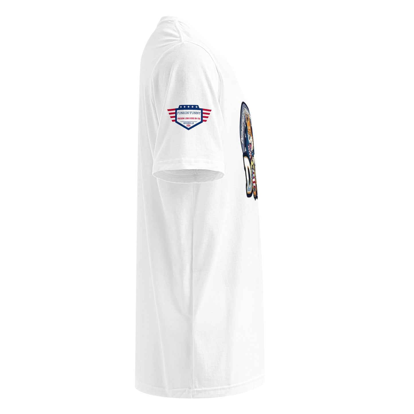 Left side view of white DOGE t-shirt showing sleeve American flag patch and design edge