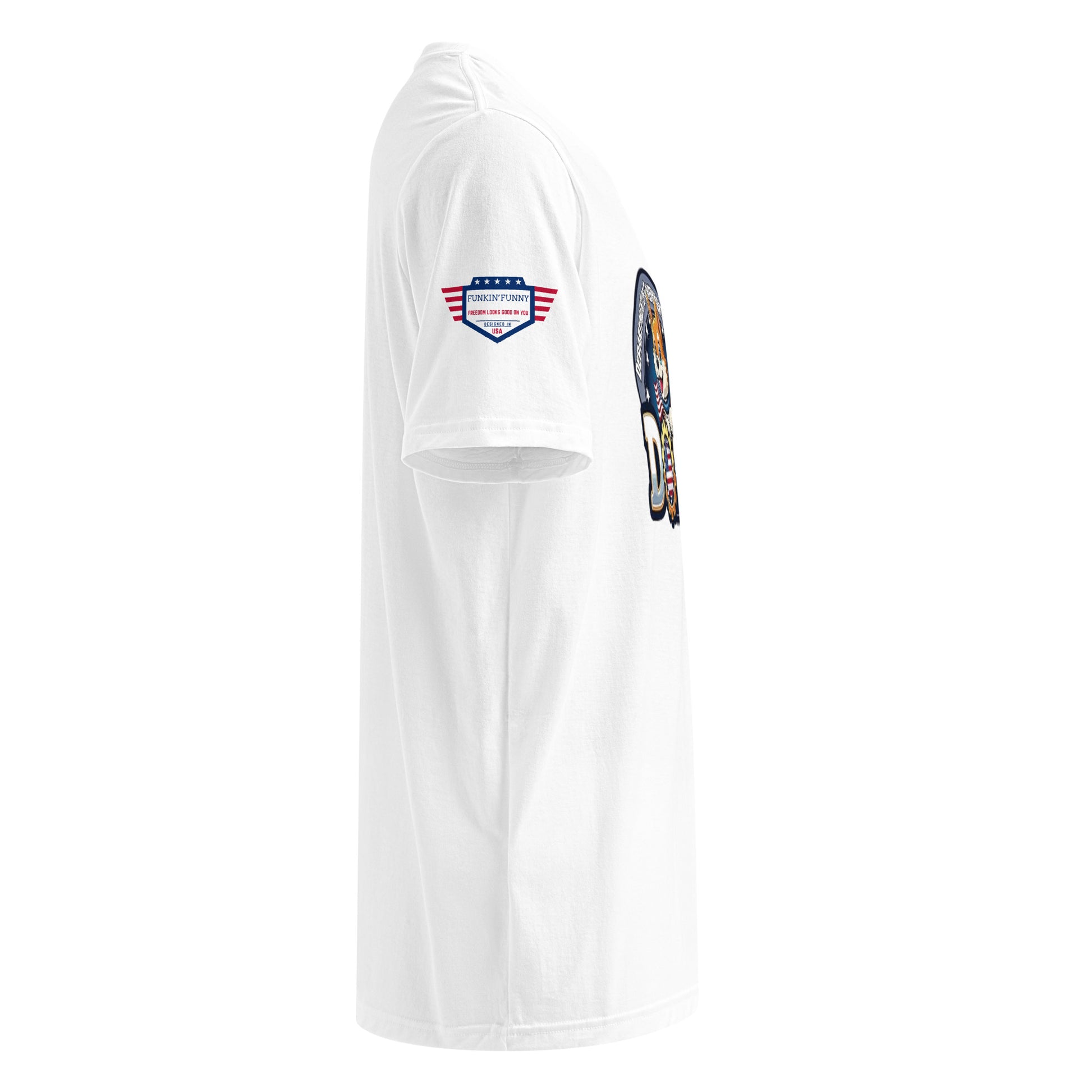 Left side view of white DOGE t-shirt showing sleeve American flag patch and design edge