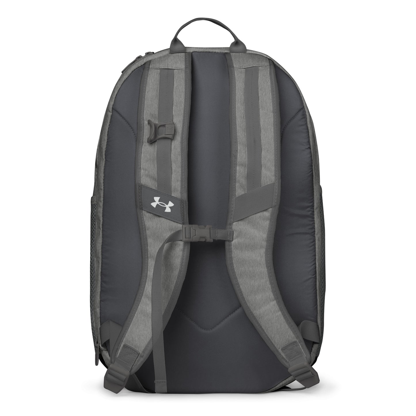 Back view of heather gray Under Armour backpack with padded straps and ergonomic back panel