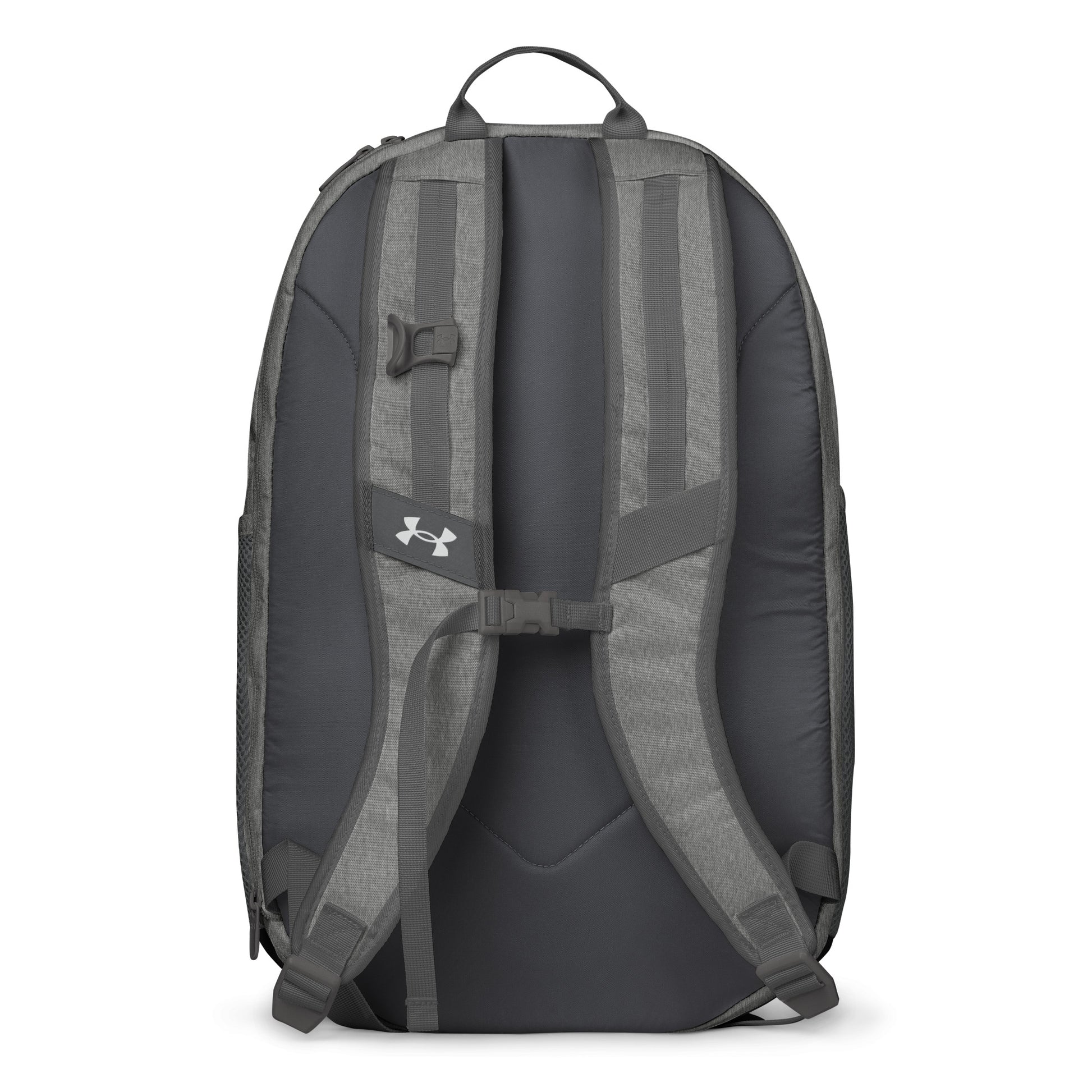 Back view of heather gray Under Armour backpack with padded straps and ergonomic back panel