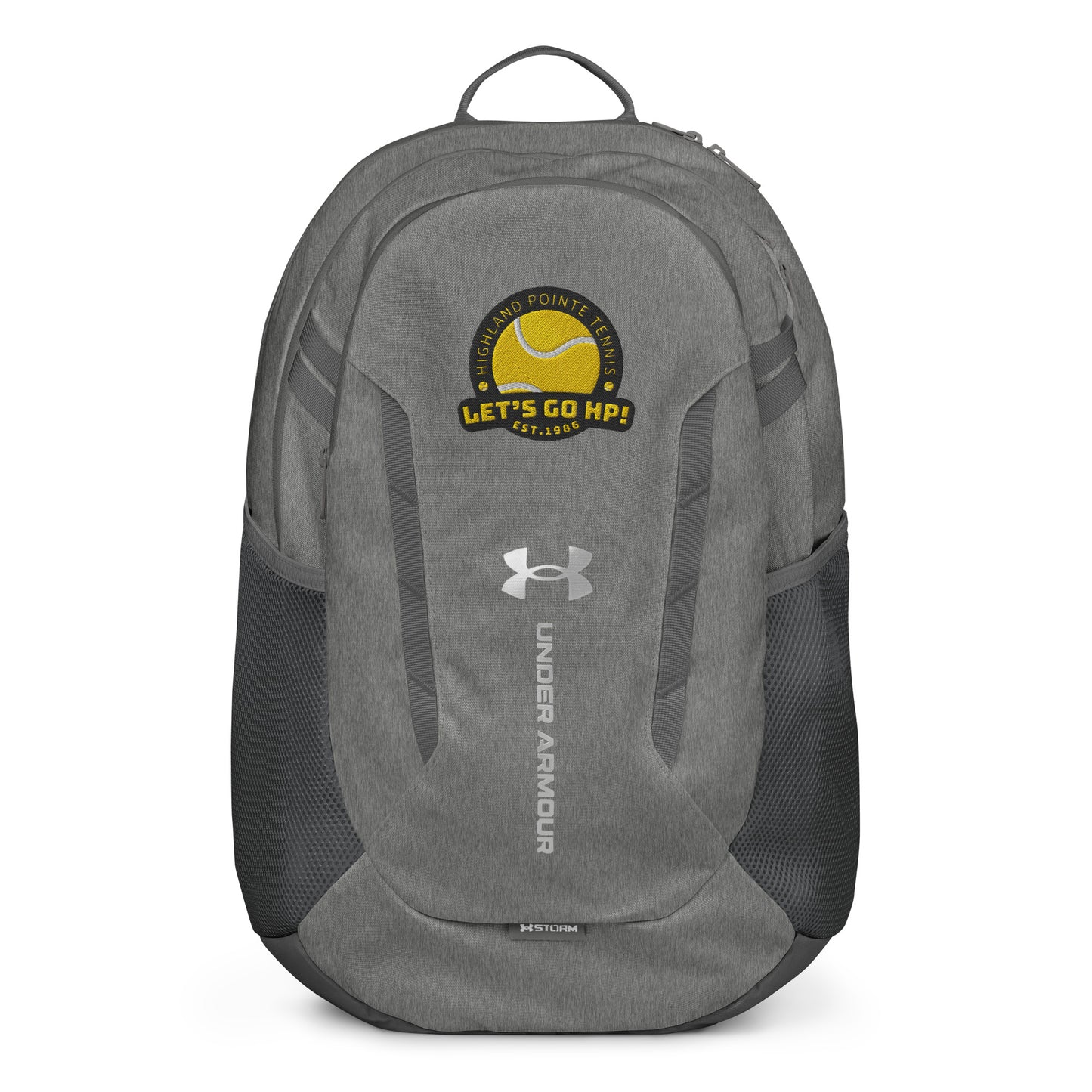 Front view of heather gray Under Armour backpack with yellow "Let's Go HP!" tennis patch and Huntington Point Tennis Club embroidery