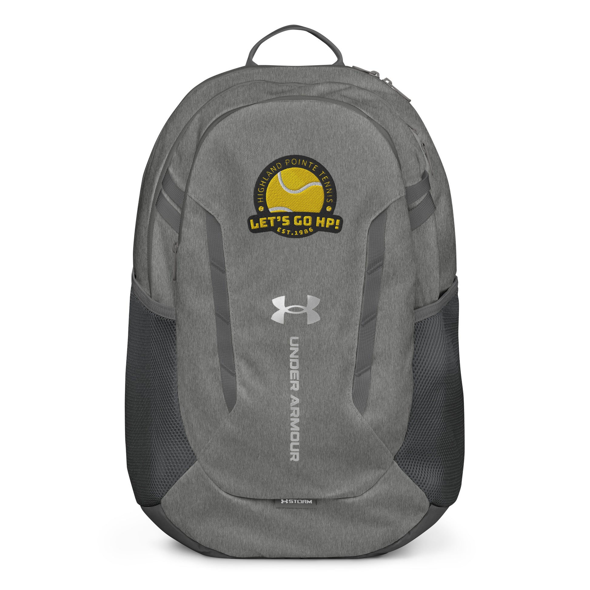 Front view of heather gray Under Armour backpack with yellow "Let's Go HP!" tennis patch and Huntington Point Tennis Club embroidery