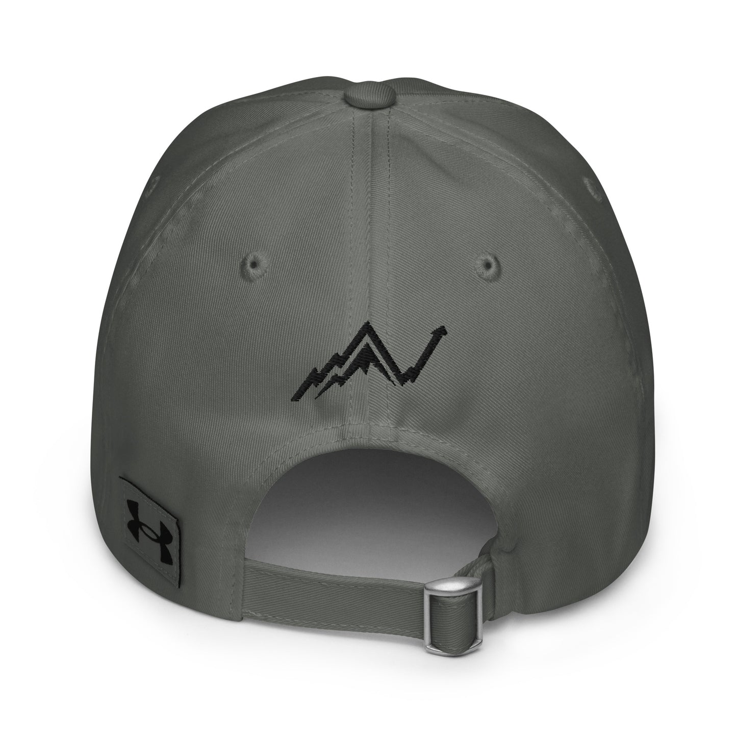 Back panel of gray Under Armour hat, black embroidered mountain chart arrow, UA logo patch, structured snapback style