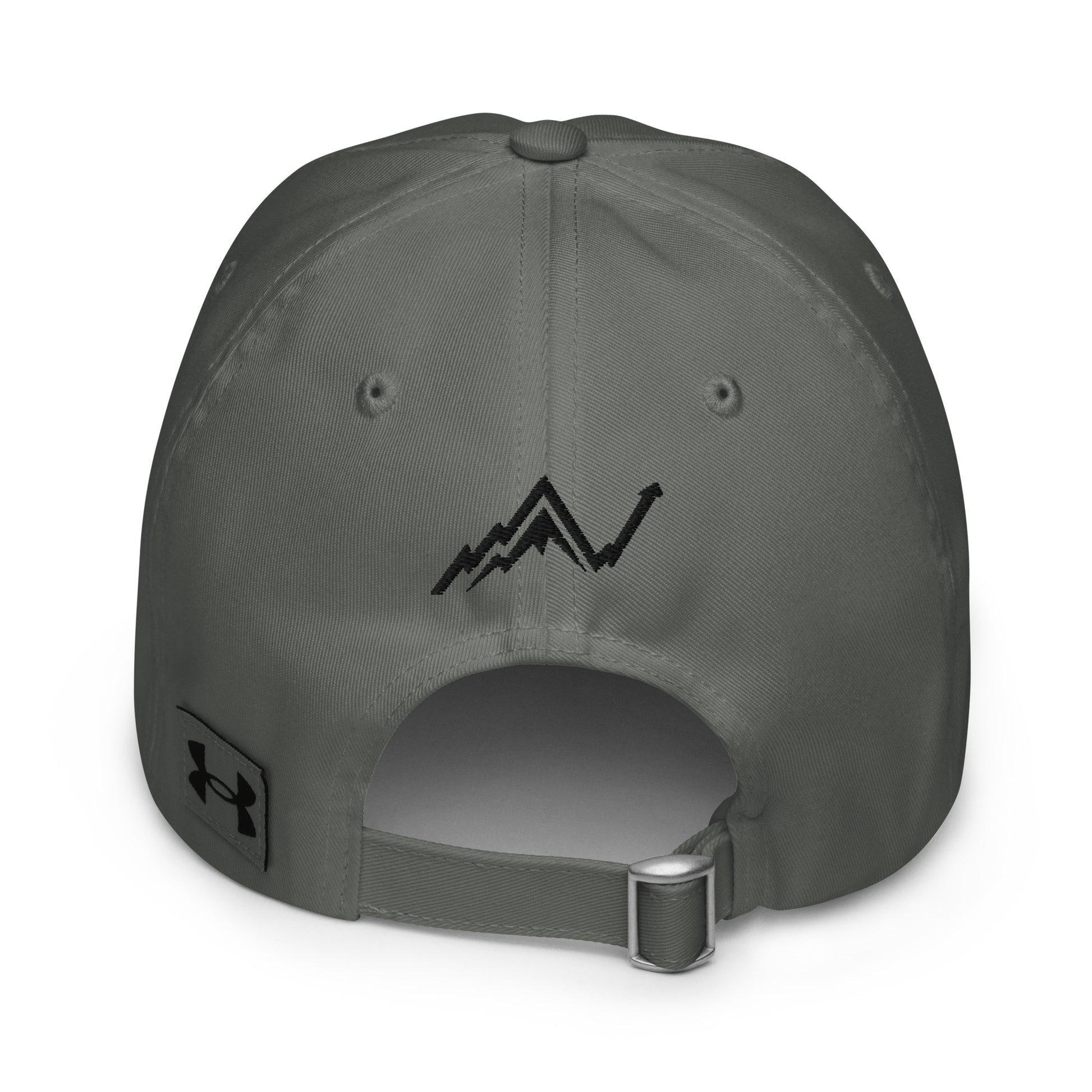 Back panel of gray Under Armour hat, black embroidered mountain chart arrow, UA logo patch, structured snapback style