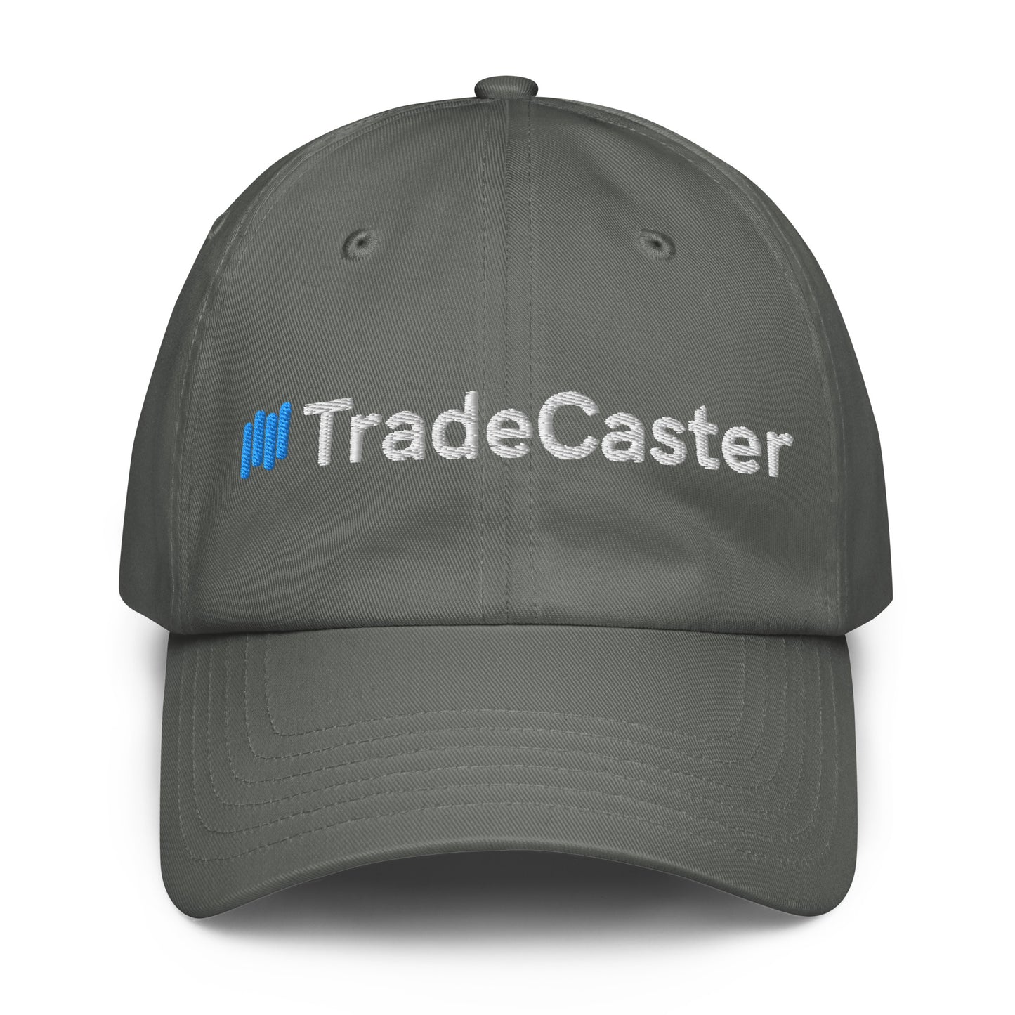 Front view of gray Under Armour hat with white "TradeCaster" embroidery and blue accents, curved visor ready for action