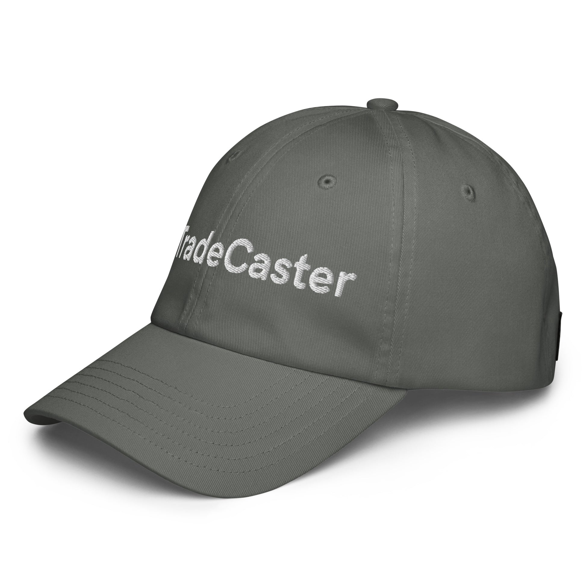Angled front-right of unstructured gray TradeCaster hat, crisp white "TradeCaster" embroidery stealing the show