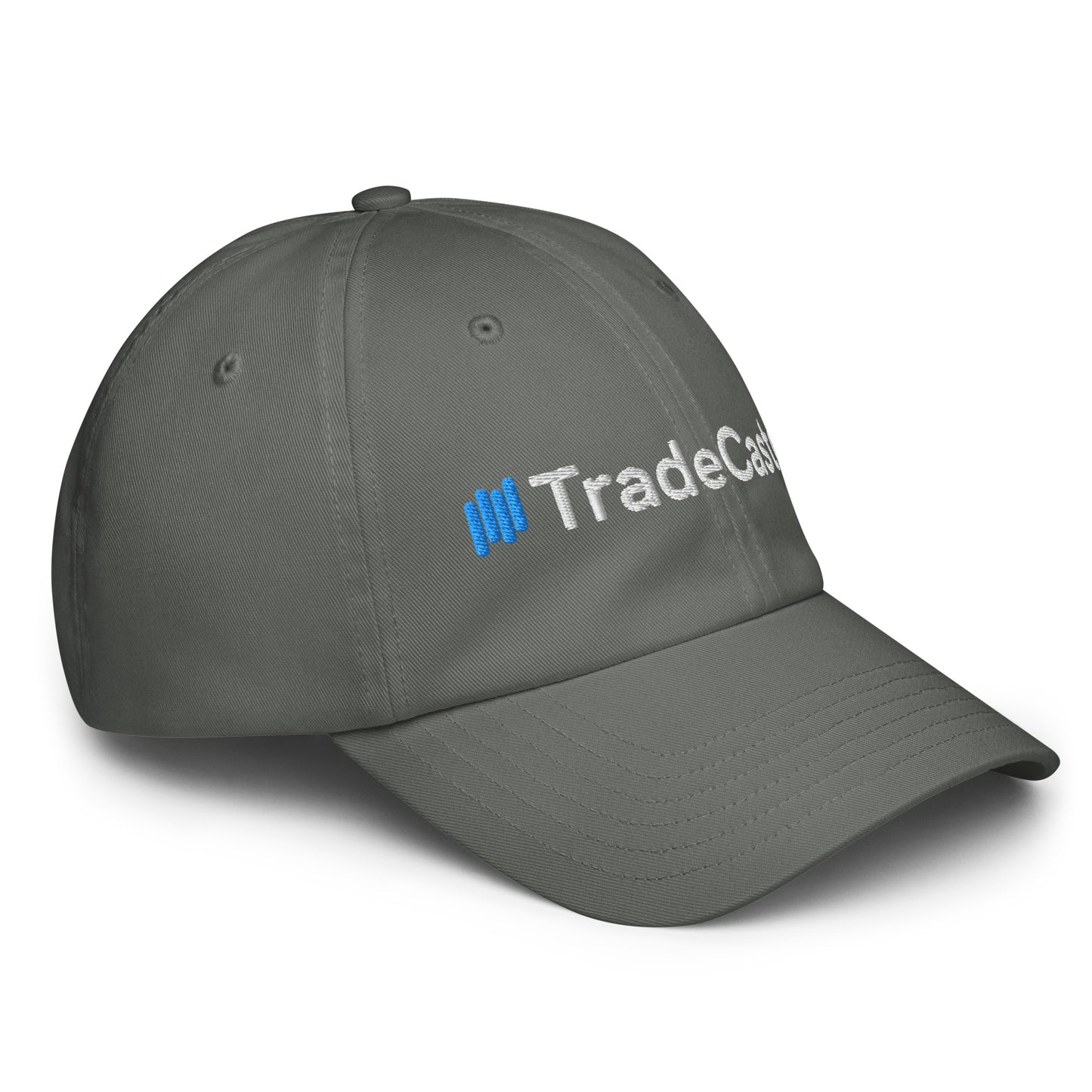 Right side profile of gray Under Armour hat, "TradeCaster" embroidery in white with blue highlights, low-profile cool