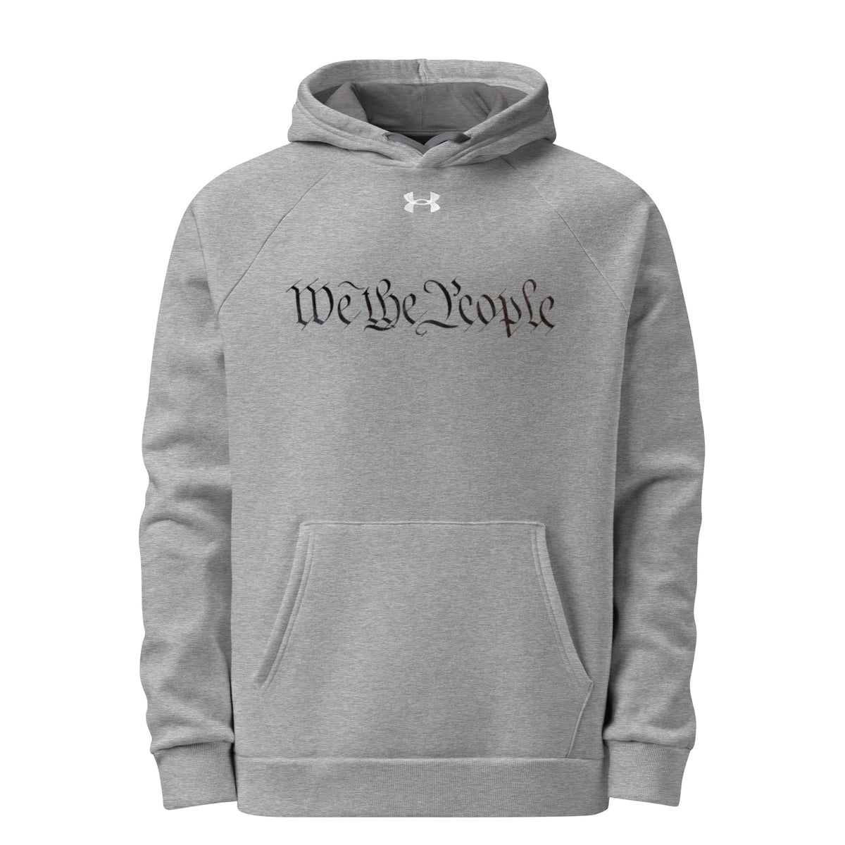 Front view of grey Under Armour hoodie with "We the People" black script embroidery and white UA logo