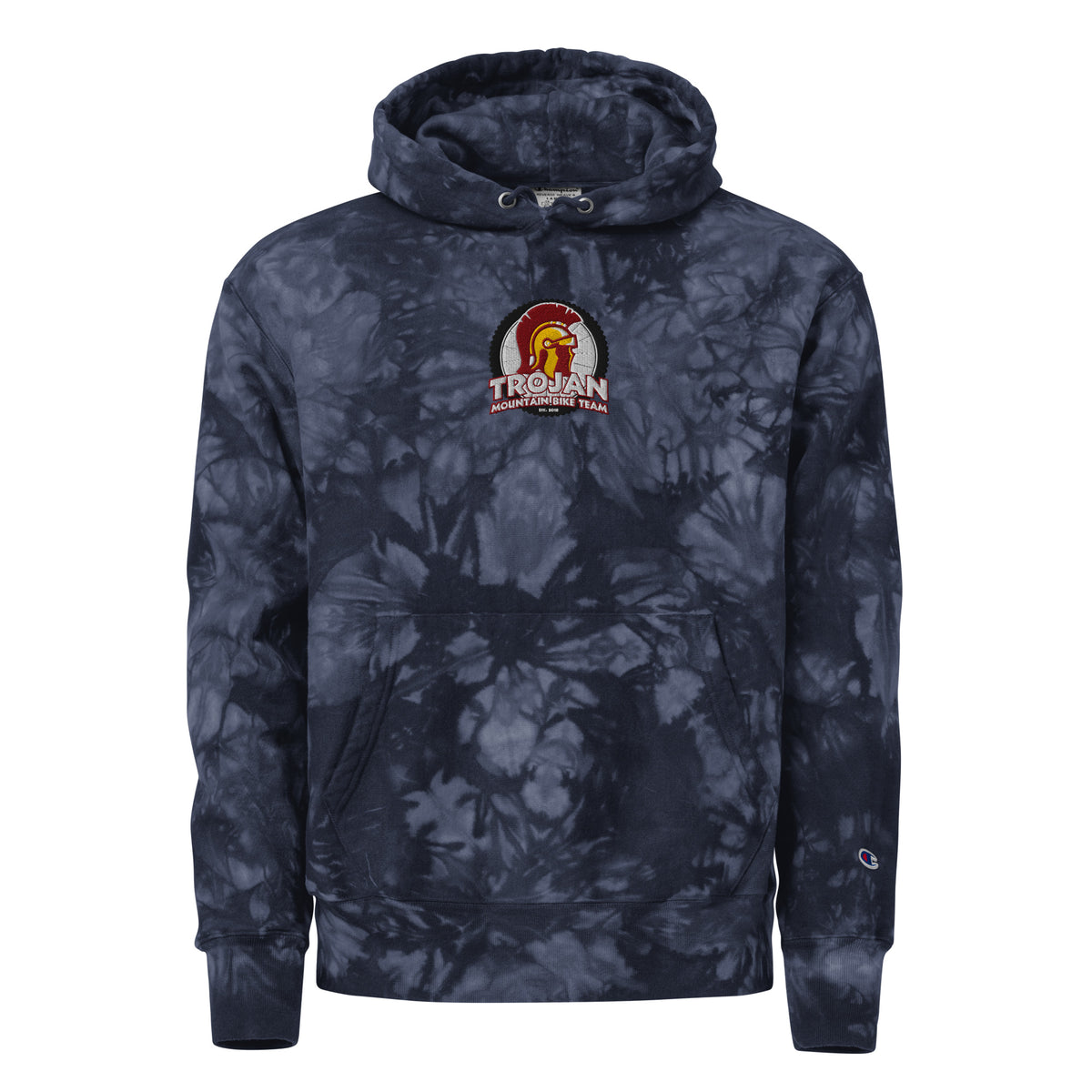 Front view of navy blue tie-dye Champion hoodie with centered Trojan warrior embroidered patch