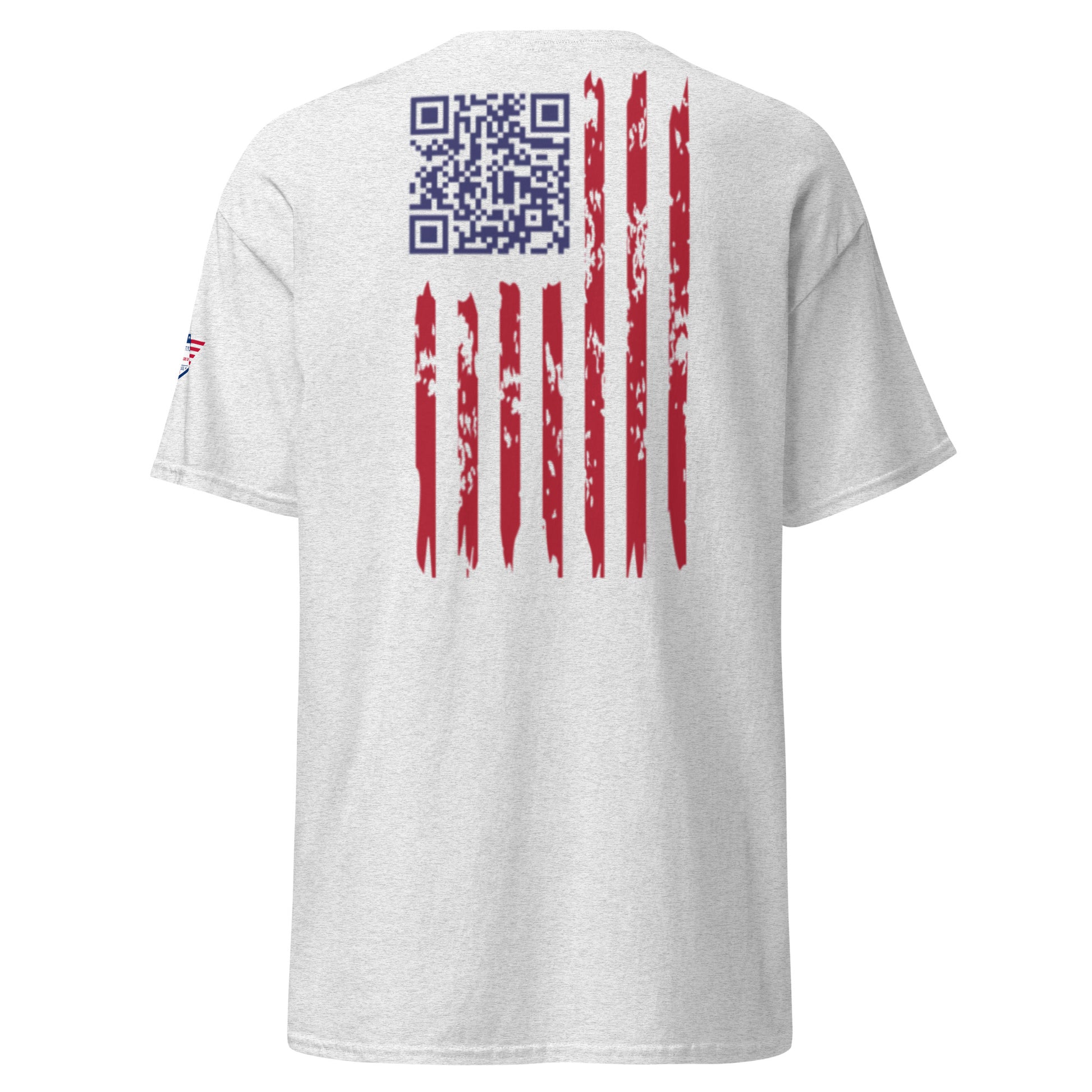 Back view of light gray tee with QR code above distressed red-and-blue American flag stripes
