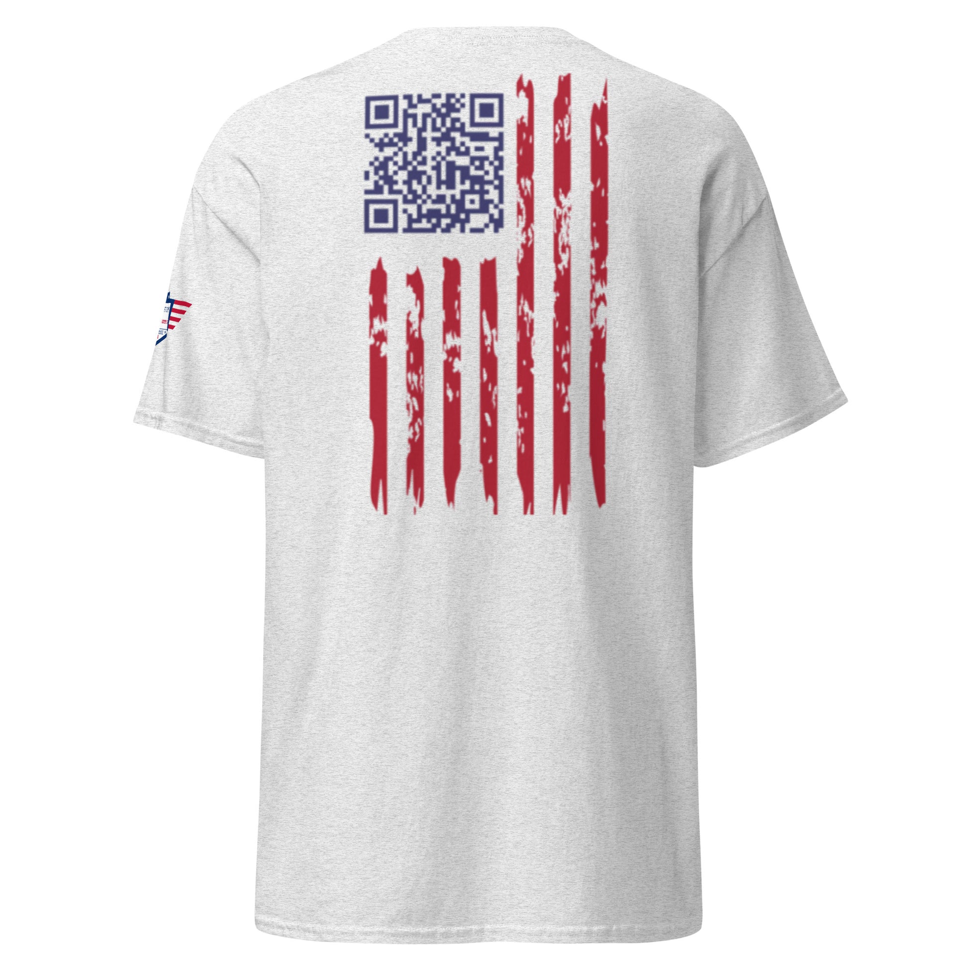 Back view of ash grey tee with QR code left and weathered flag stripes right, eagle patch