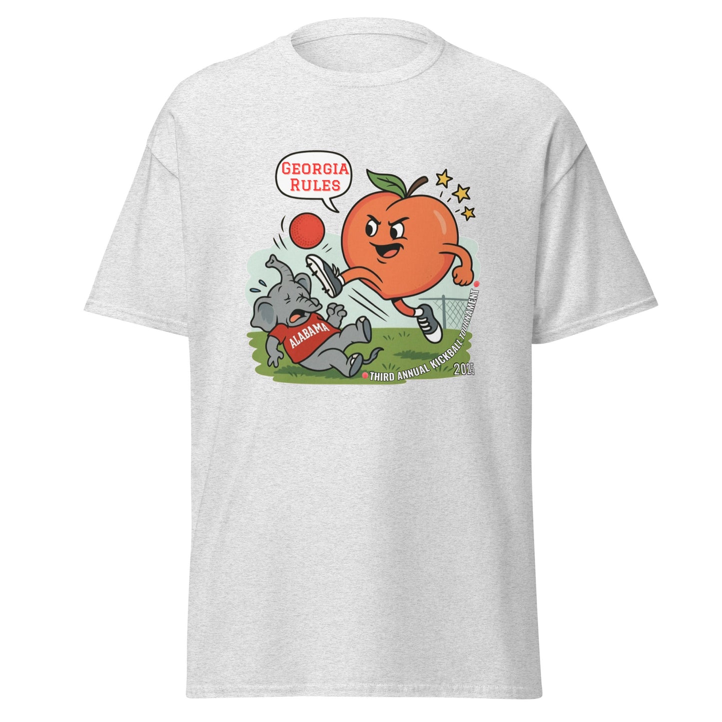 Front view of light ash gray classic tee with Georgia peach vs Alabama elephant kickball art, "Georgia Rules"