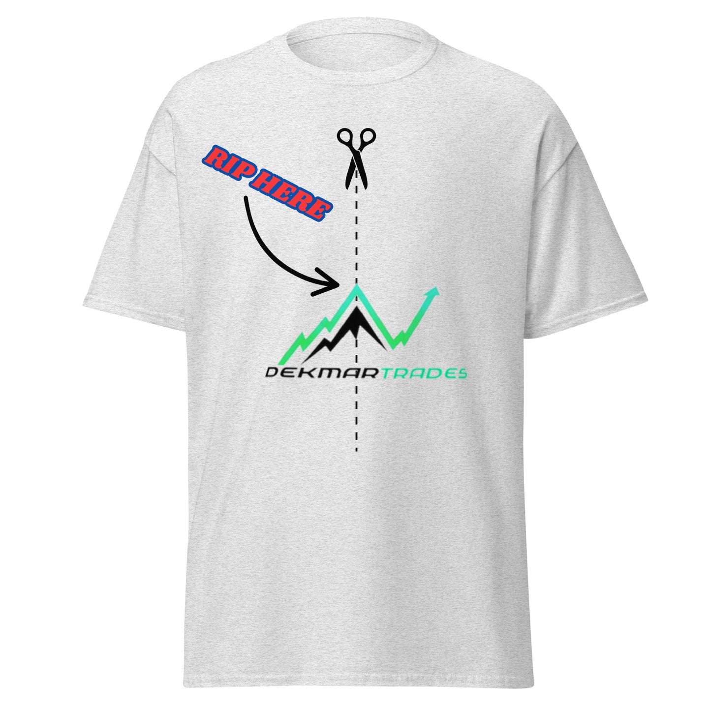 Front view of light gray unisex classic tee with red "Rip Here" scissors graphic, dashed line to teal/purple jagged stock chart, and "DEKMAR TRADES" text below