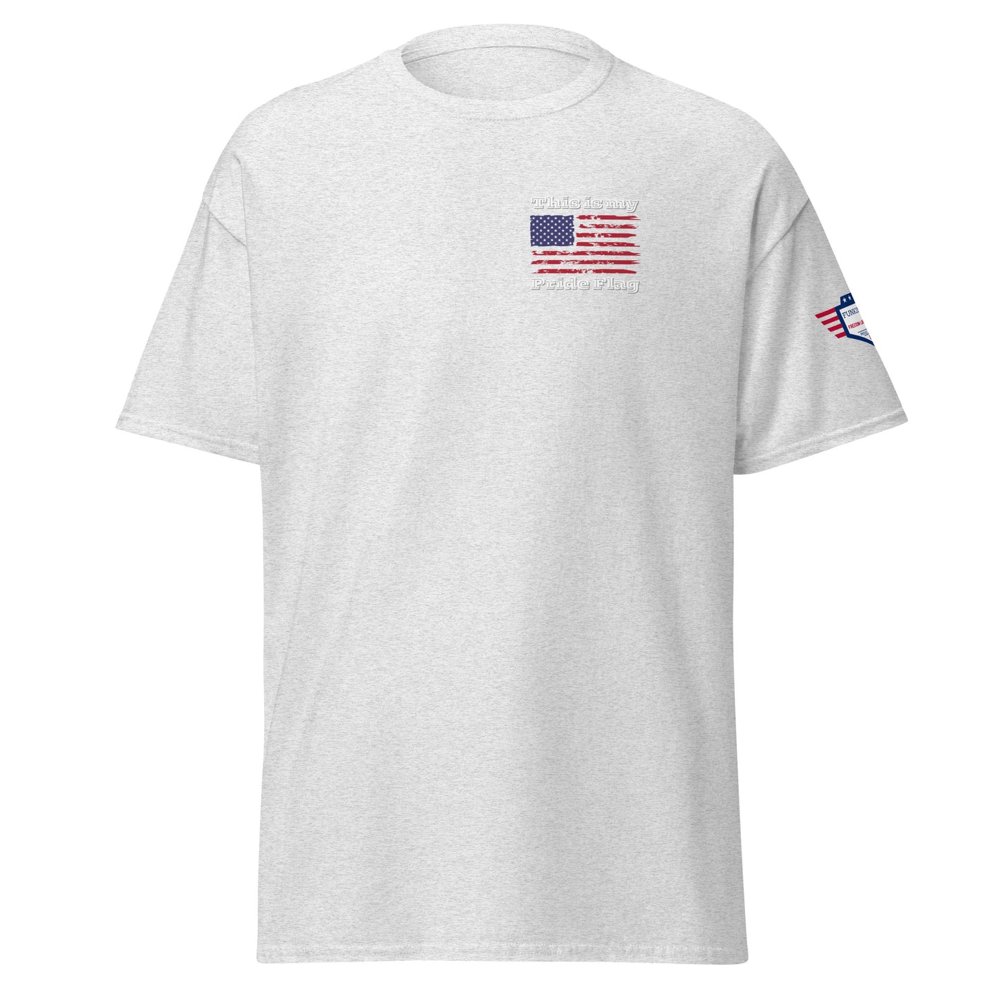 Front view of heather gray unisex t-shirt with small American flag patch on chest