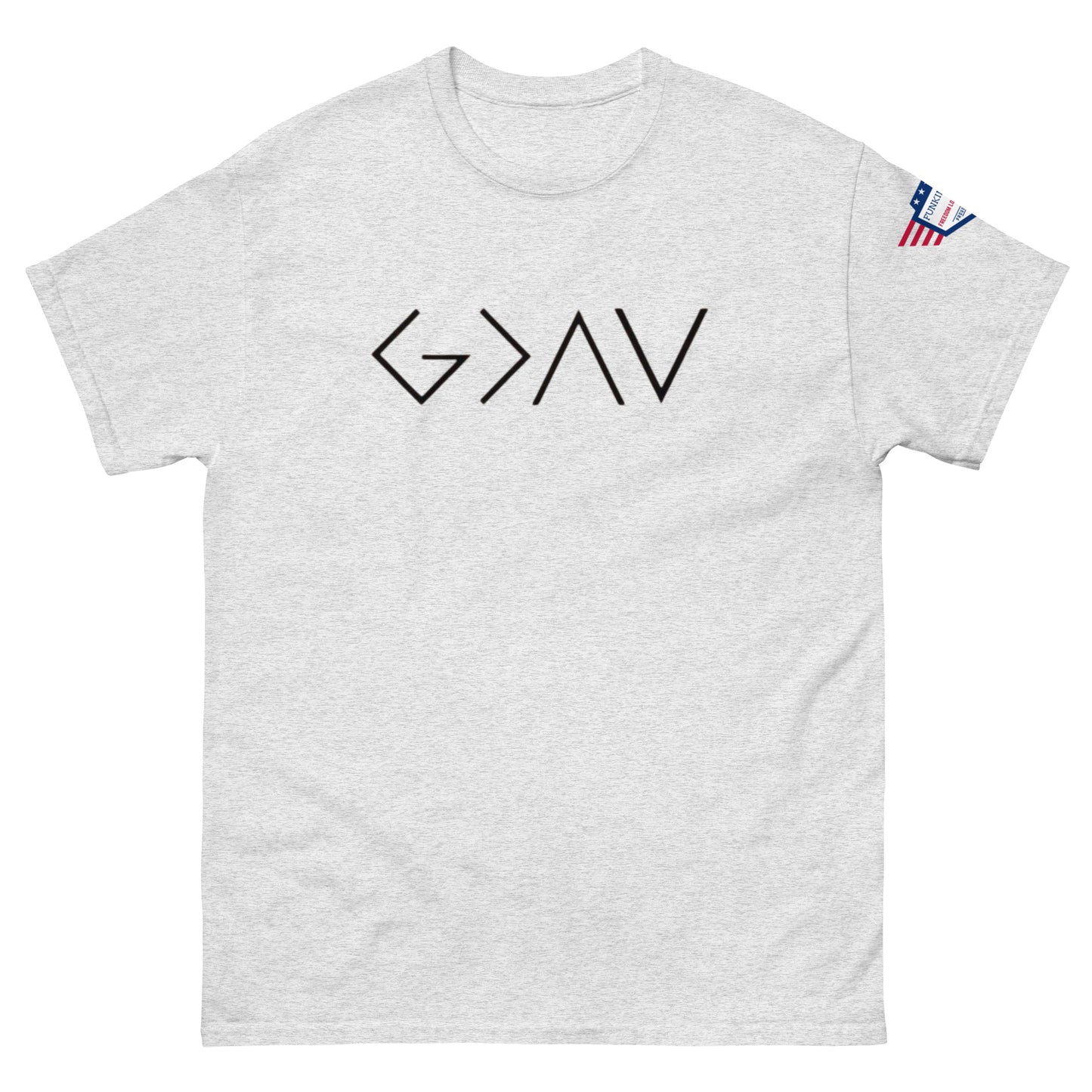 Front view of ash gray unisex t-shirt with bold black "God > All" print and US flag sleeve patch