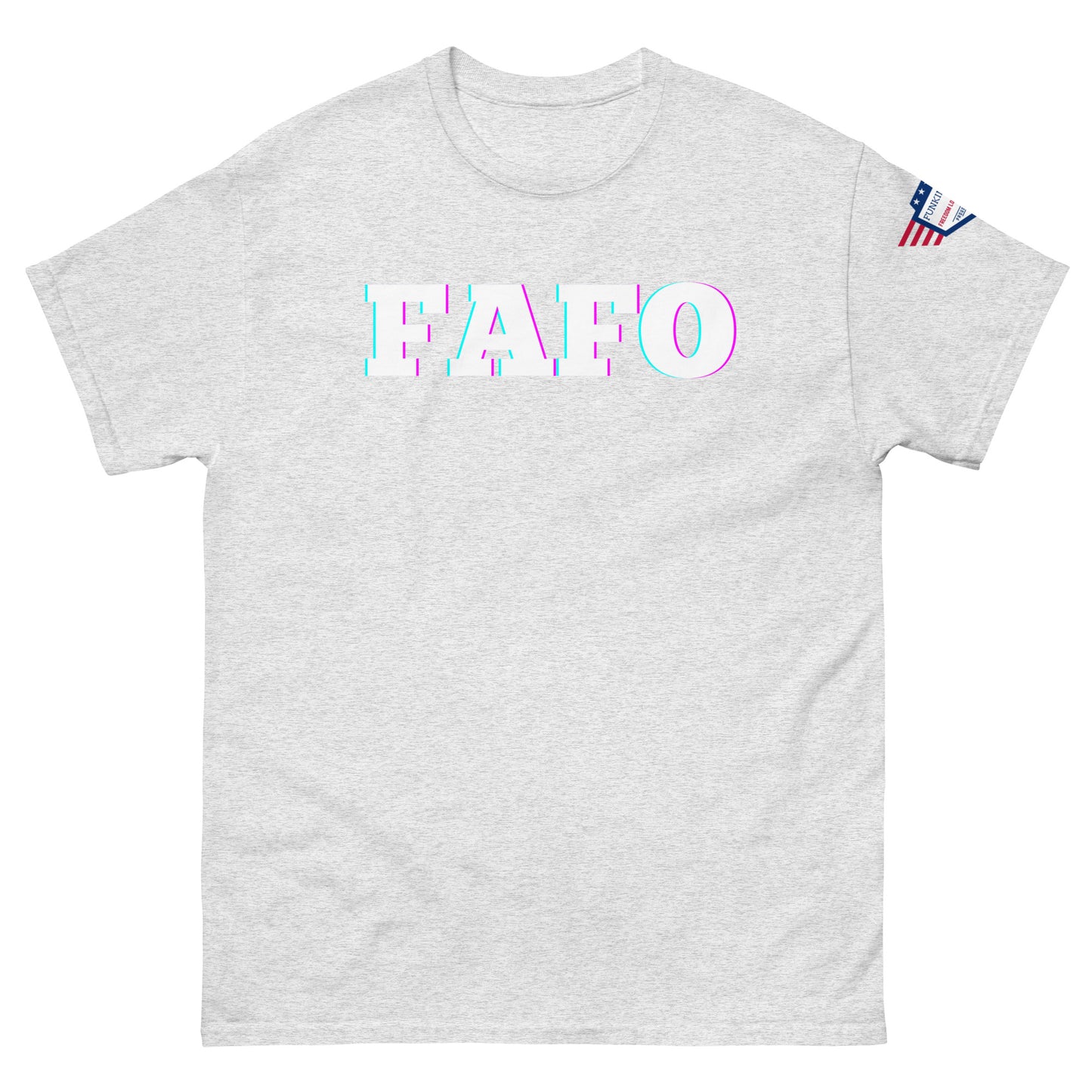 Front view of ash gray unisex t-shirt with glitchy white/cyan/magenta "FAFO" print and US flag sleeve patch