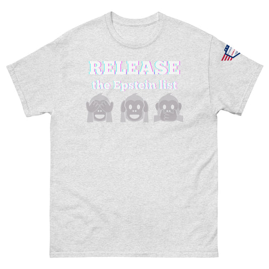 Ash gray unisex tee front view, glowing "RELEASE THE EPSTEIN LIST" print with gray monkey emojis, US flag sleeve patch