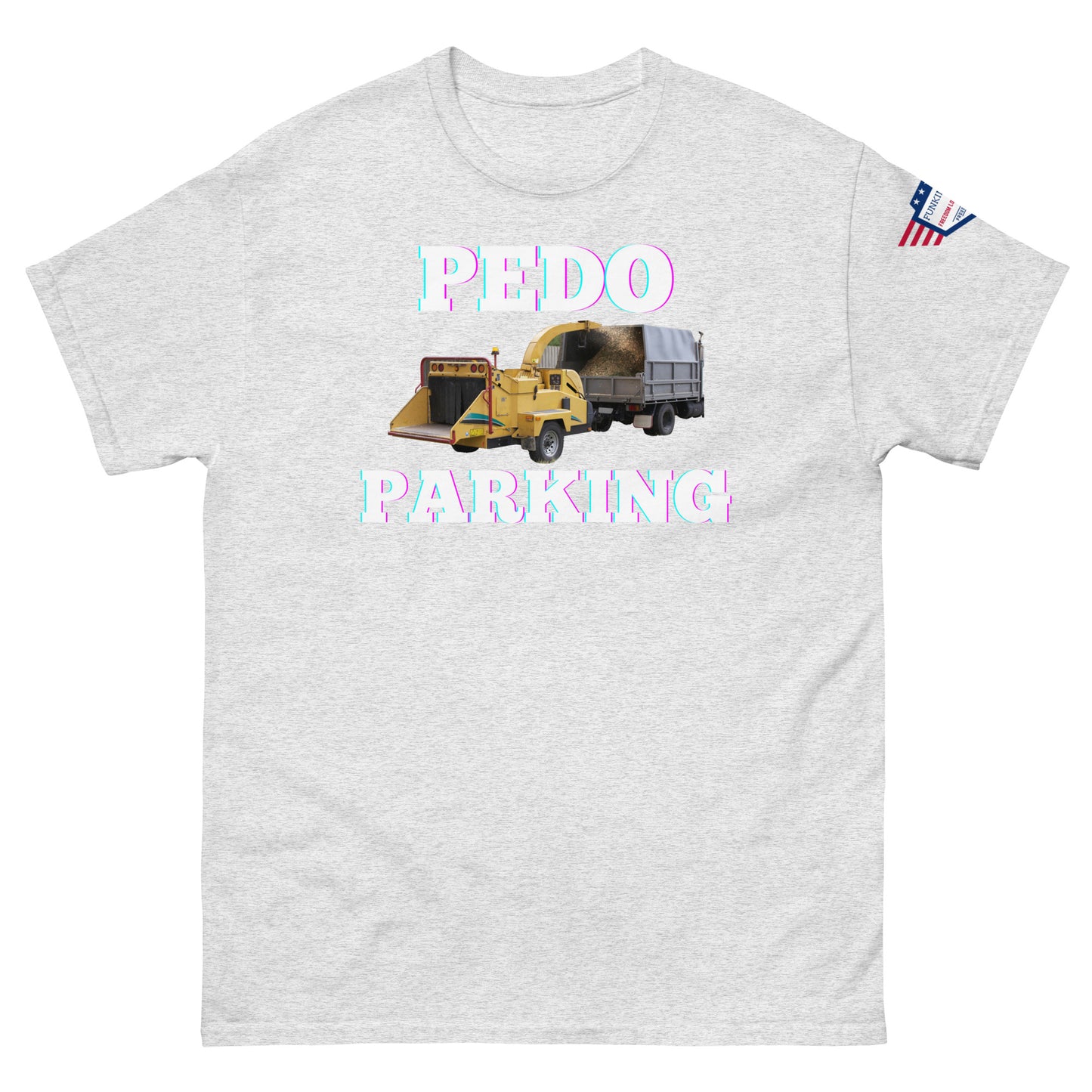 Front view of light gray tee with glowing "PEDODO PARKING" loader truck meme and USA flag sleeve patch