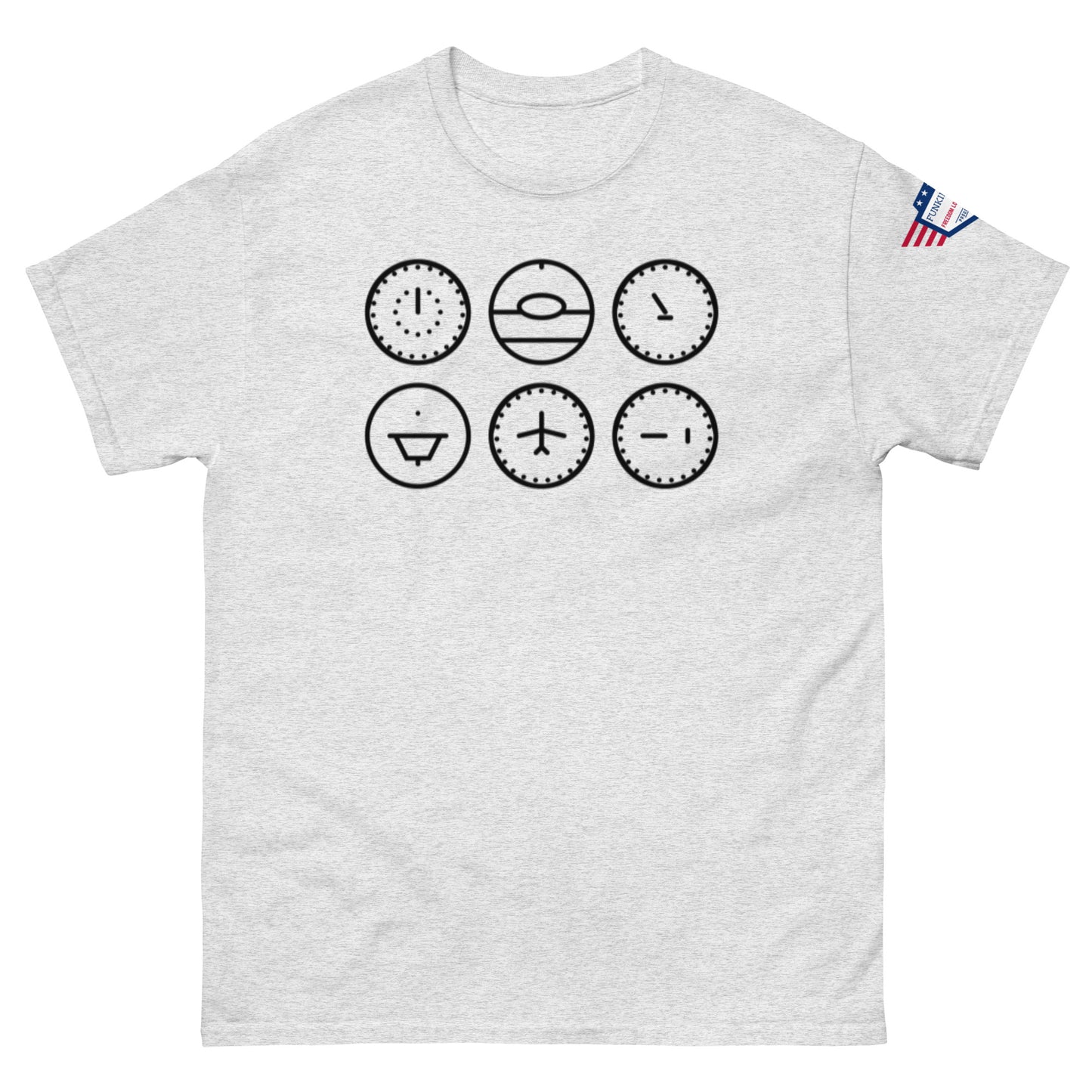 Front view of ash gray unisex t-shirt with six black outline clock faces emoji-style, US flag sleeve label
