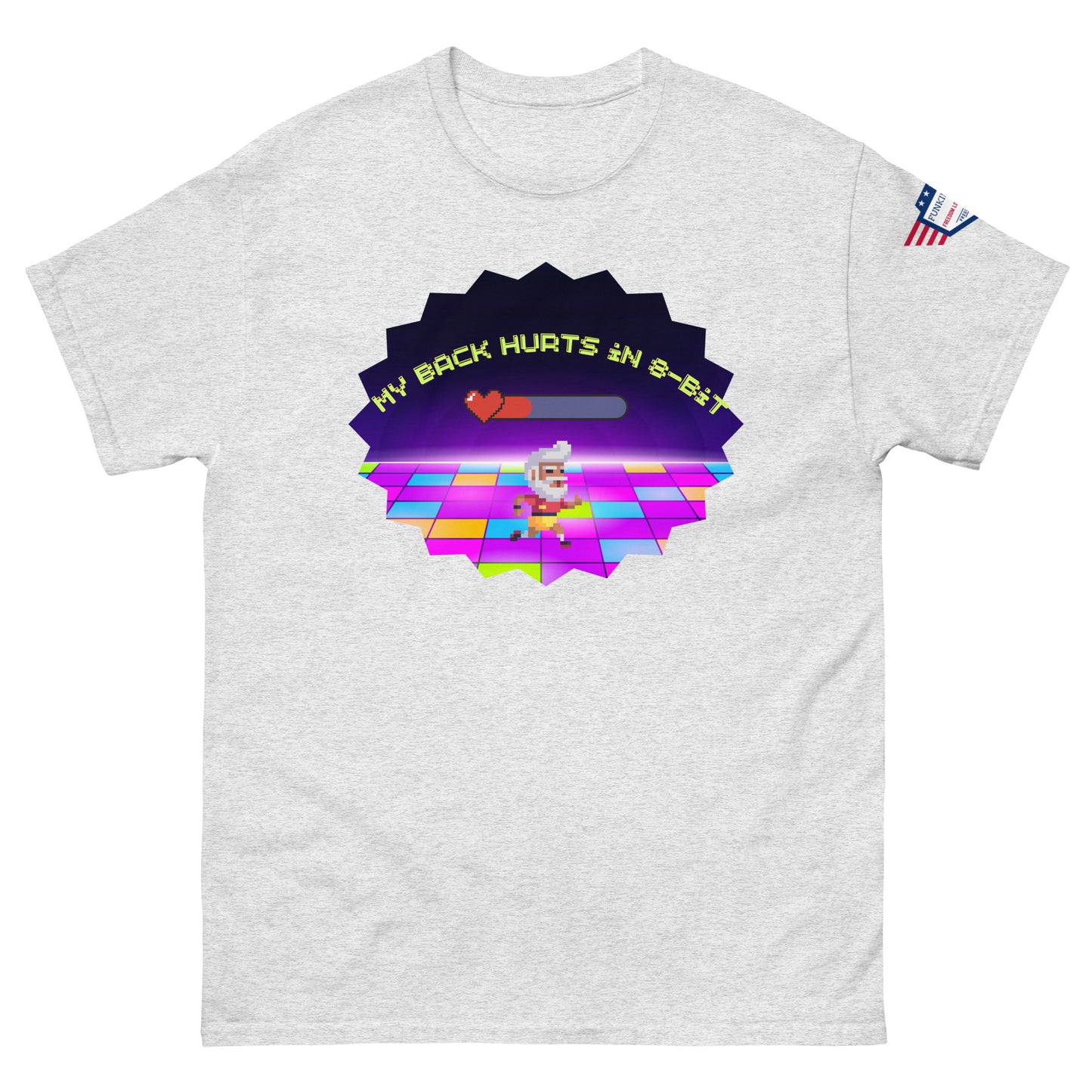 Front view of ash gray unisex tee with "My Back Hurts 98%" pixel chef disco meme print and USA sleeve patch