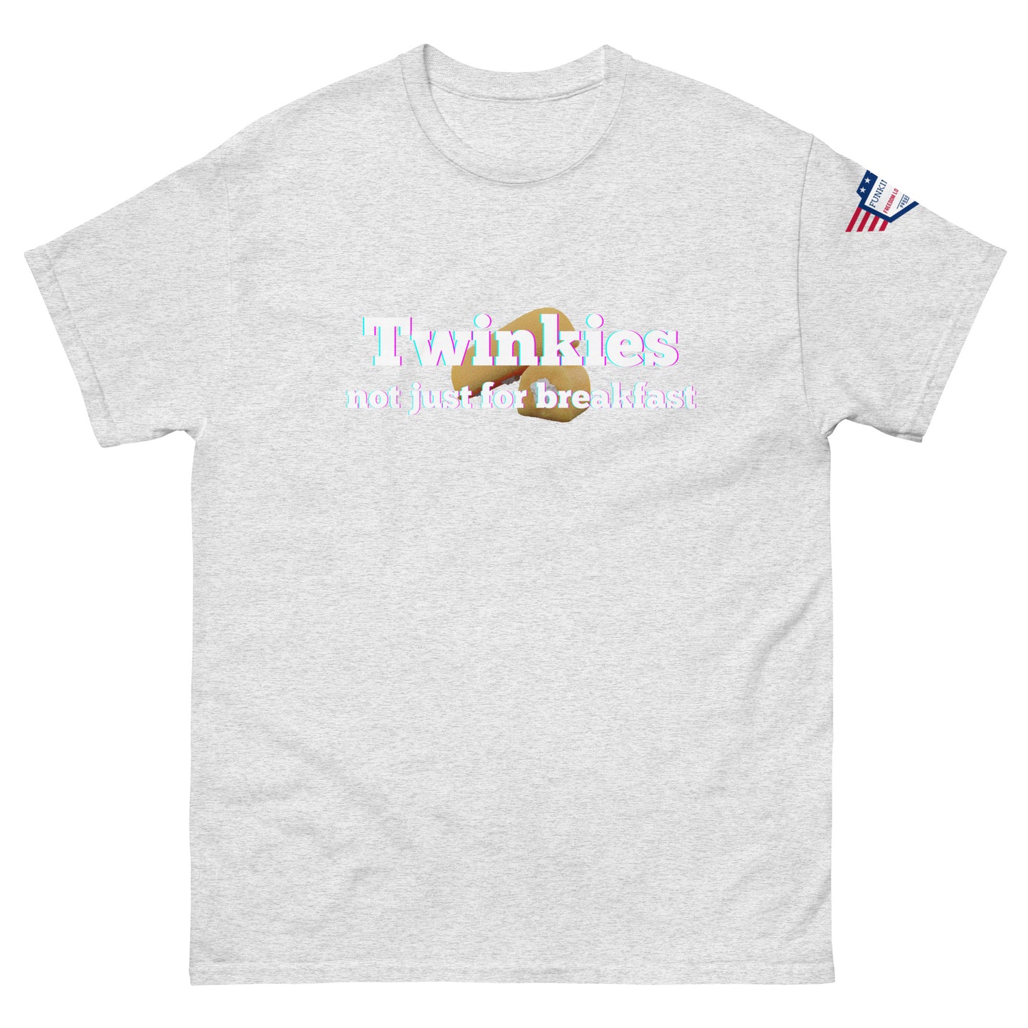 Front view of light gray unisex tee with rainbow "Twinkies" over Twinkie graphic and white "not just for breakfast" text, flag sleeve patch