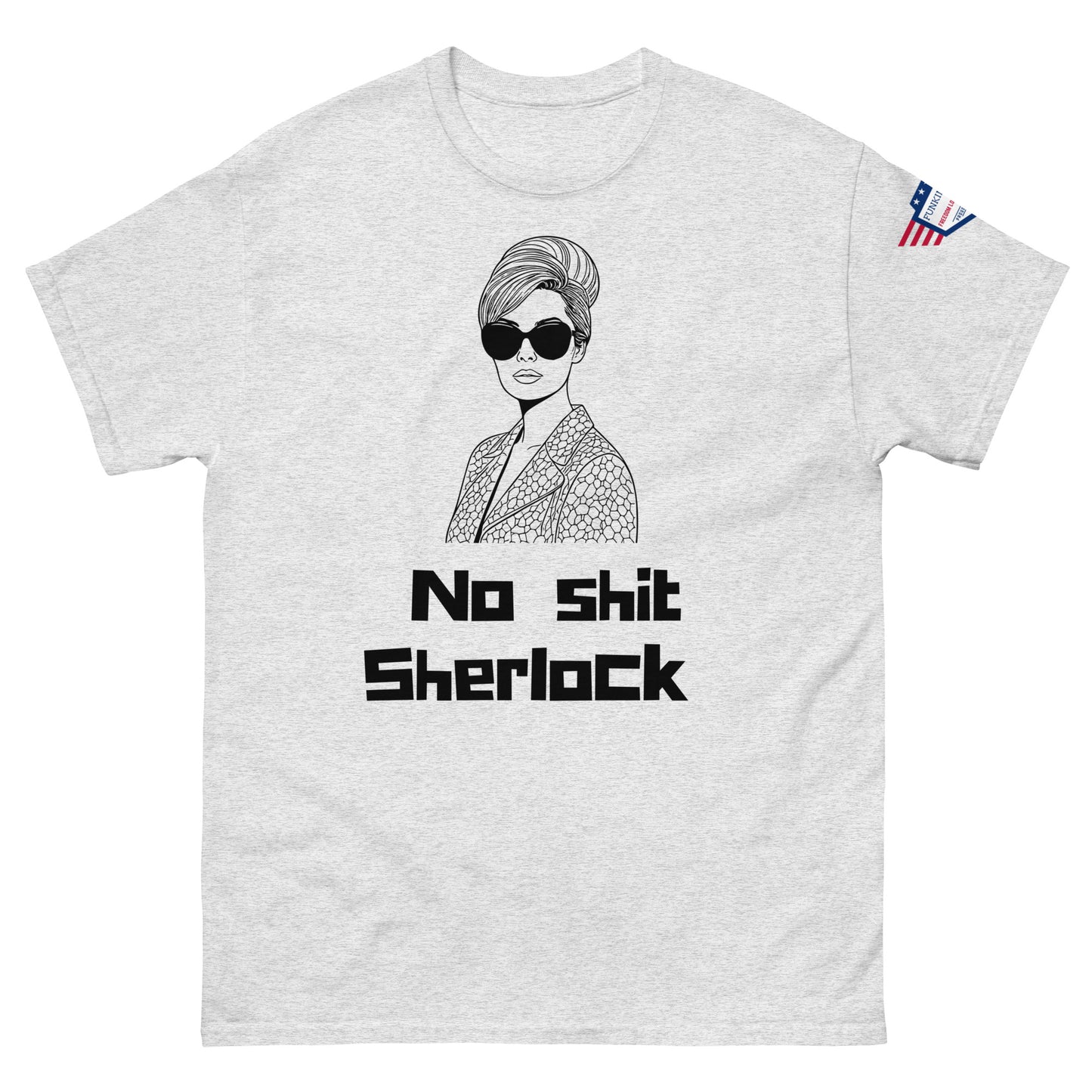 Front view of ash gray unisex tee with sassy beehive babe in shades and "No shit Sherlock" print
