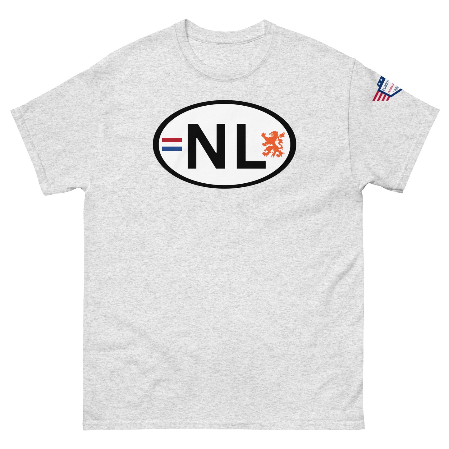 Front view of light ash gray unisex tee with white NL Dutch lion oval plate print, USA flag sleeve patch