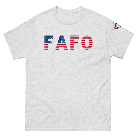 Front view of light heather gray unisex tee with bold "FAFO" print, American flag F's, and sleeve flag patch